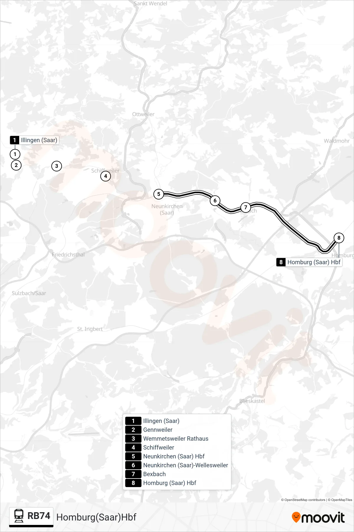 RB74 train Line (Homburg(Saar)Hbf) route and stops on a map