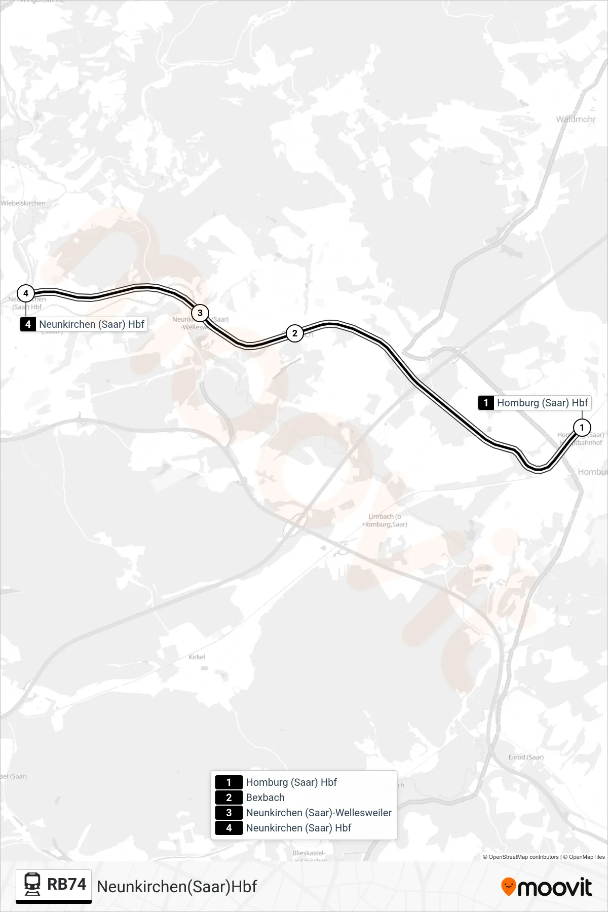 Linie RB74 (Bahn) Richtung Neunkirchen(Saar)Hbf: Route und Haltestellen auf der Karte