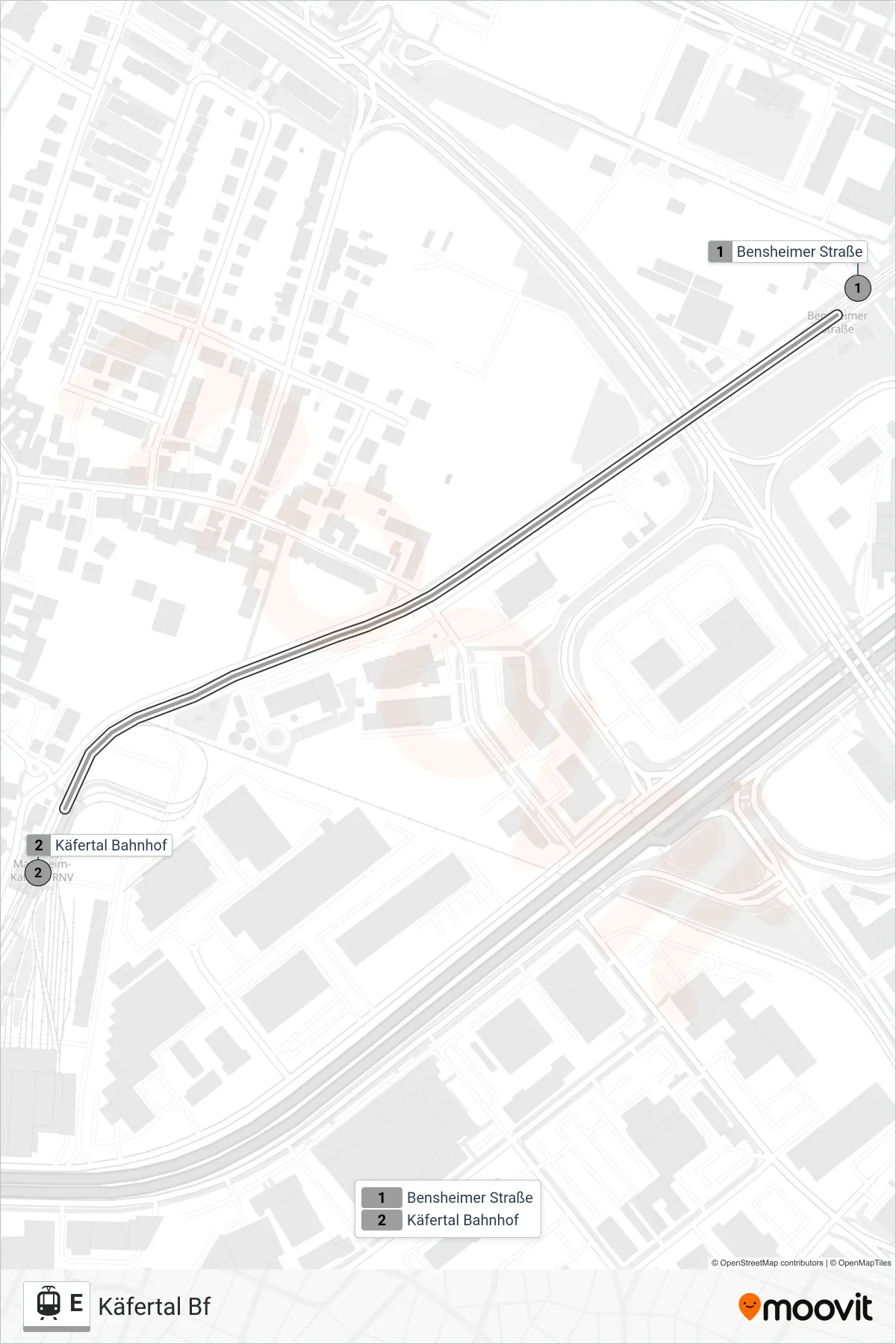 Linie E (Straßenbahn) Richtung Käfertal Bf: Route und Haltestellen auf der Karte