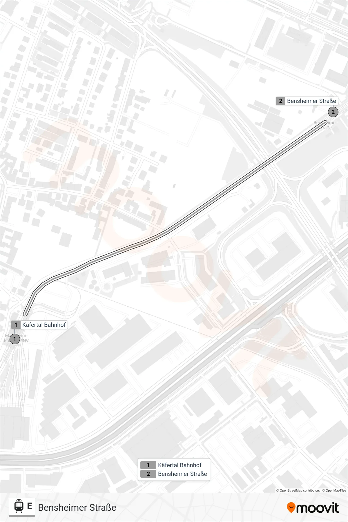 Linie E (Straßenbahn) Richtung Bensheimer Straße: Route und Haltestellen auf der Karte