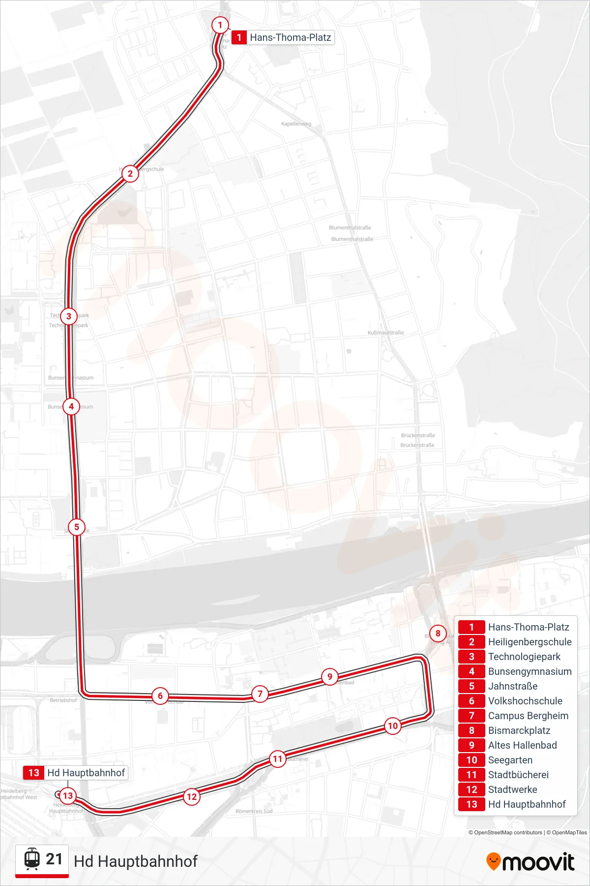Linie 21 (Straßenbahn) Richtung Hd Hauptbahnhof: Route und Haltestellen auf der Karte