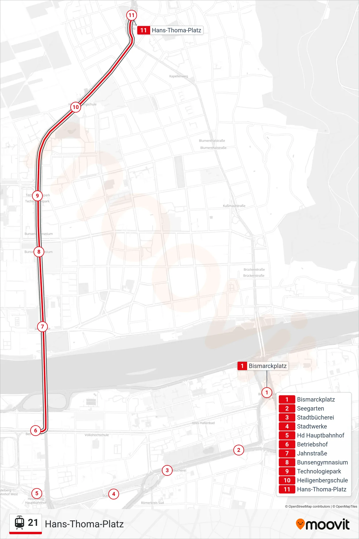 21 light rail Line (Hans-Thoma-Platz) route and stops on a map