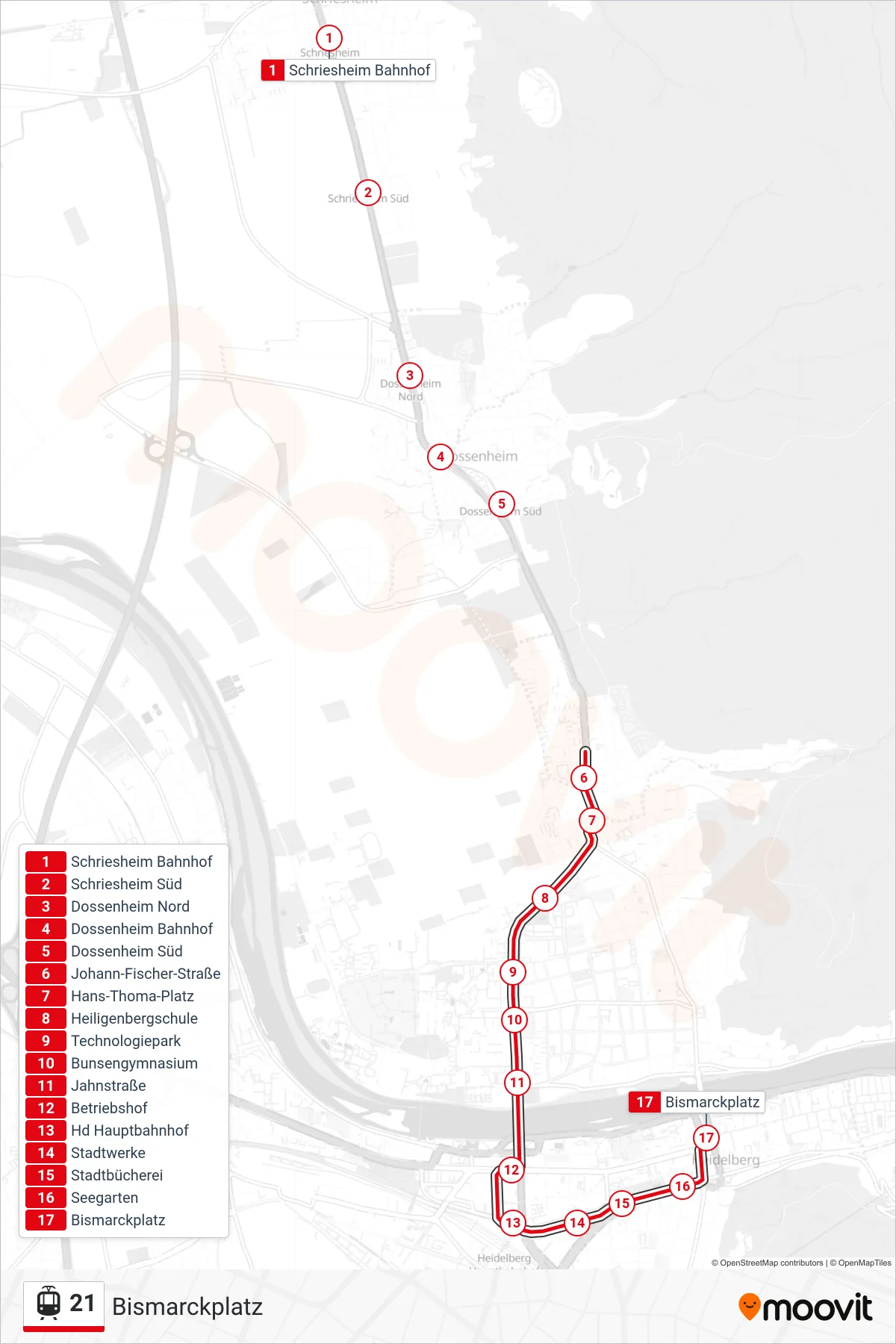 21 light rail Line (Bismarckplatz) route and stops on a map