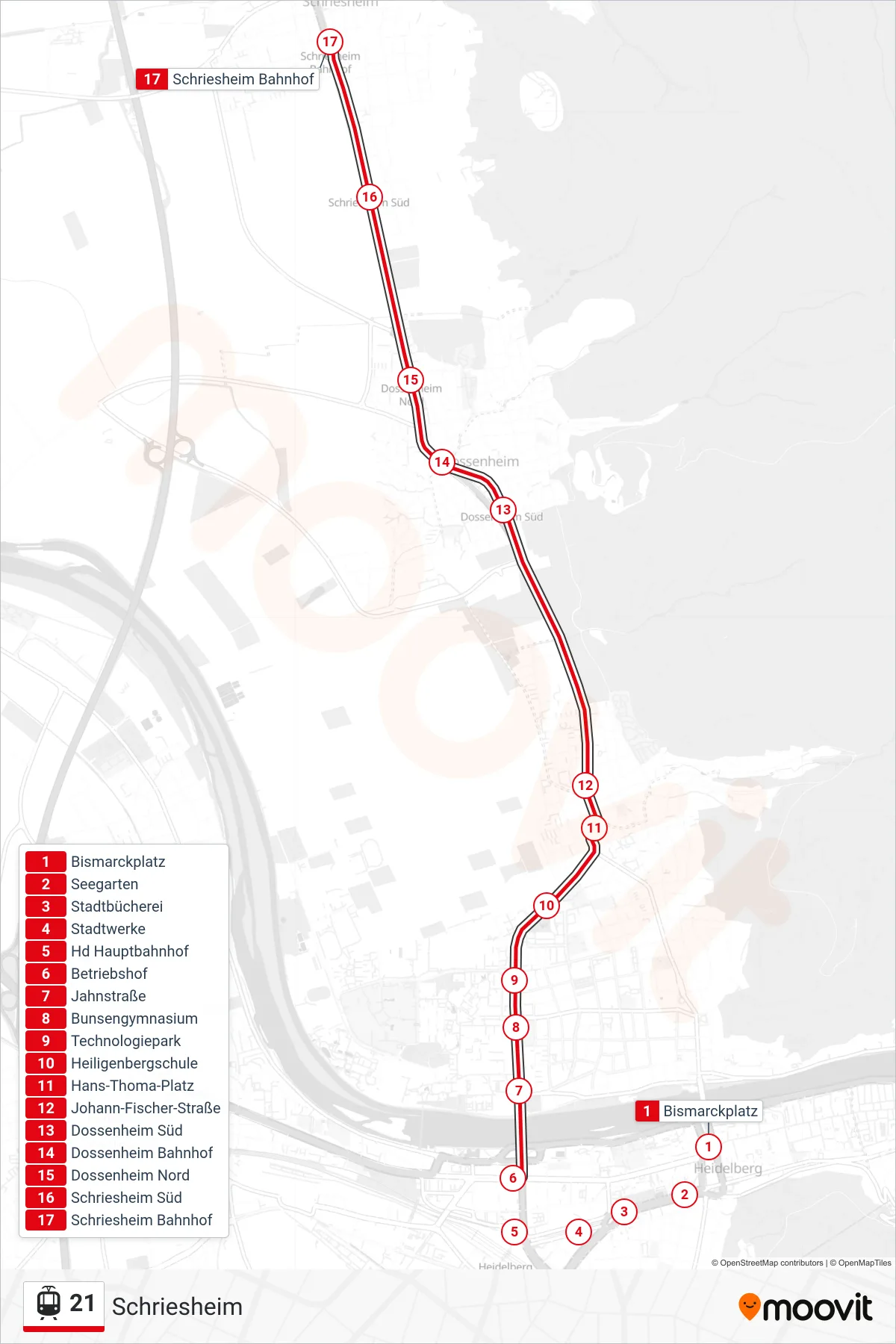 21 light rail Line (Schriesheim) route and stops on a map