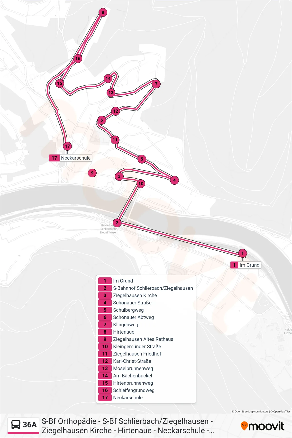 Linie 36A (Bus) Richtung Neckarschule: Route und Haltestellen auf der Karte
