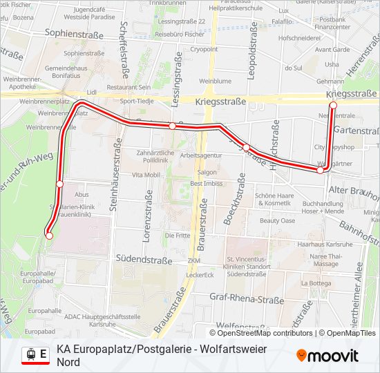 Трамвай E: карта маршрута