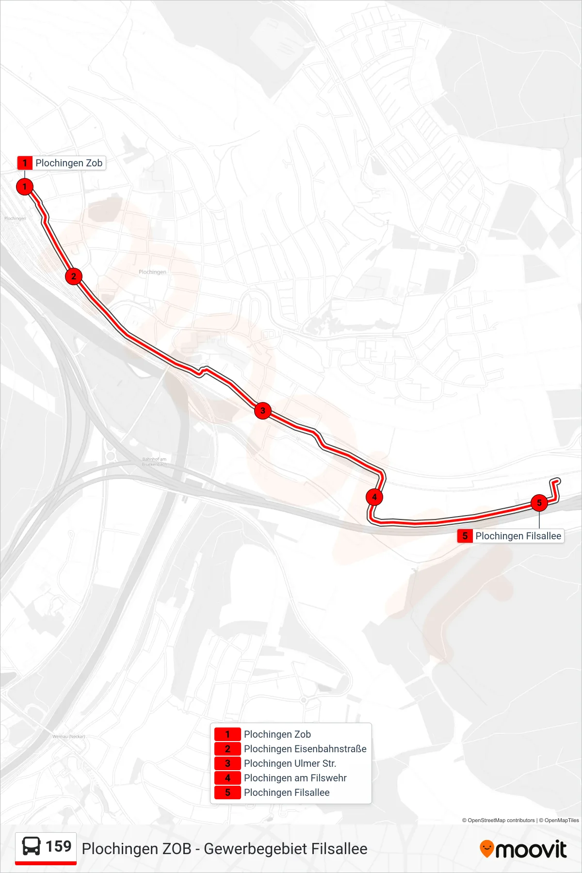 Linie 159 (Bus) Richtung Plochingen Filsallee: Route und Haltestellen auf der Karte