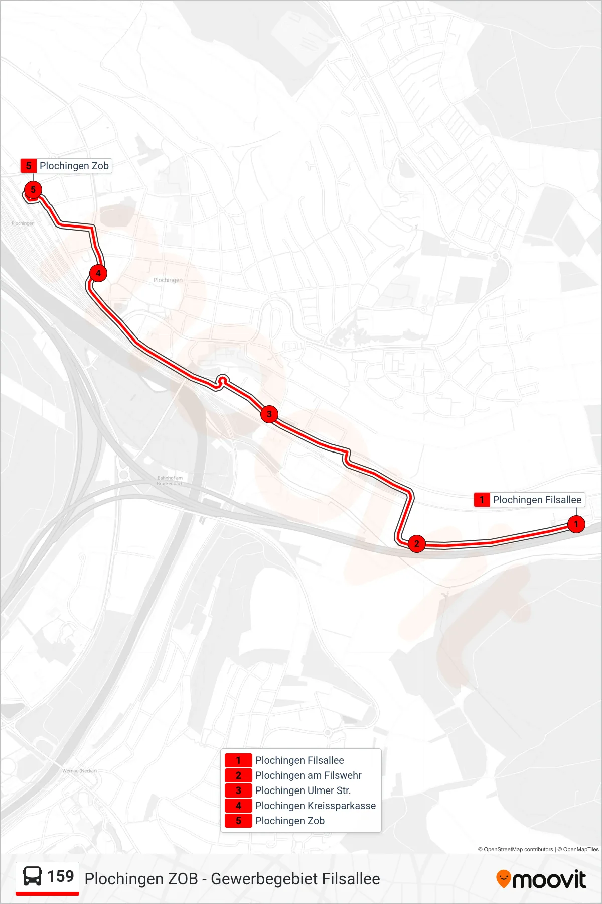 159 bus Line (Plochingen Zob) route and stops on a map