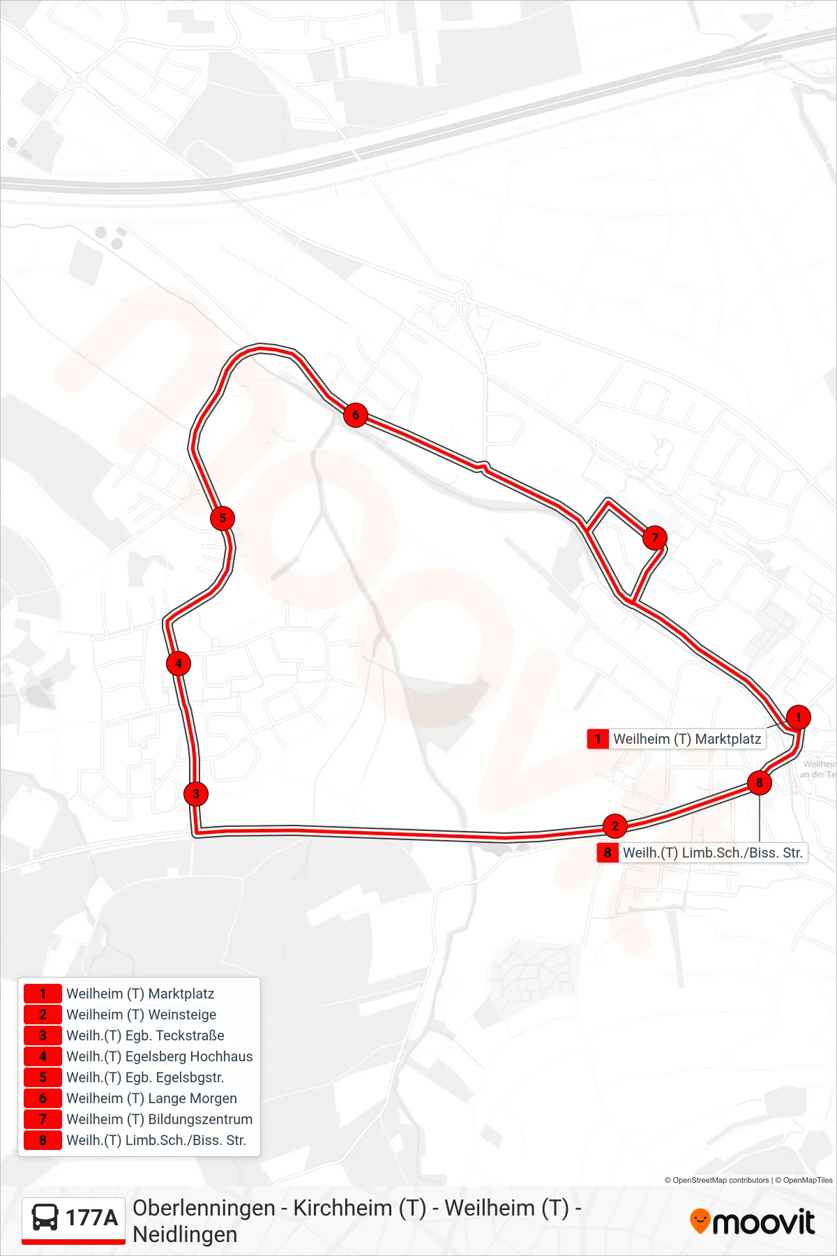 177A bus Line (Weilh.(T) Limb.Sch./Biss. Str.) route and stops on a map