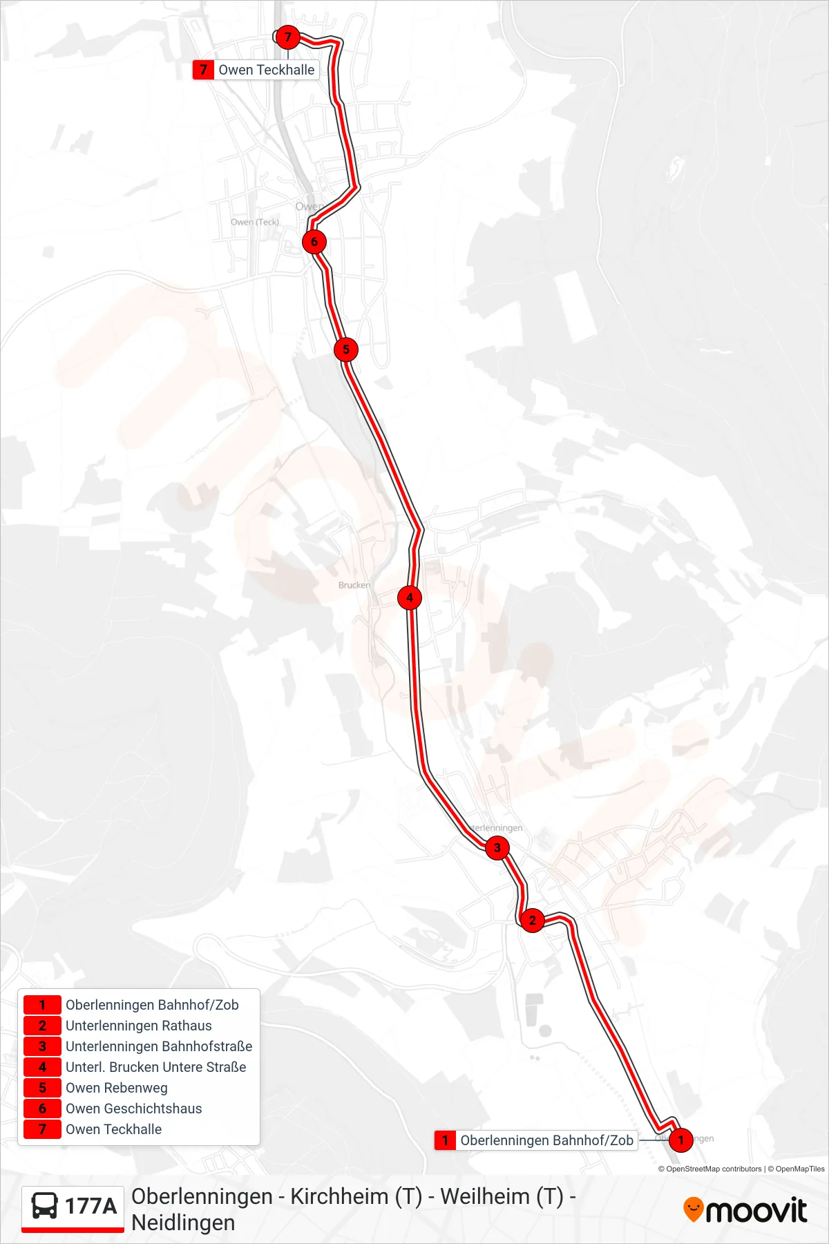 177A bus Line (Owen Teckhalle) route and stops on a map