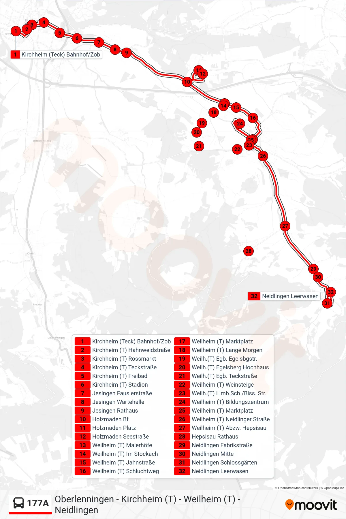 Linie 177A (Bus) Richtung Neidlingen Leerwasen: Route und Haltestellen auf der Karte
