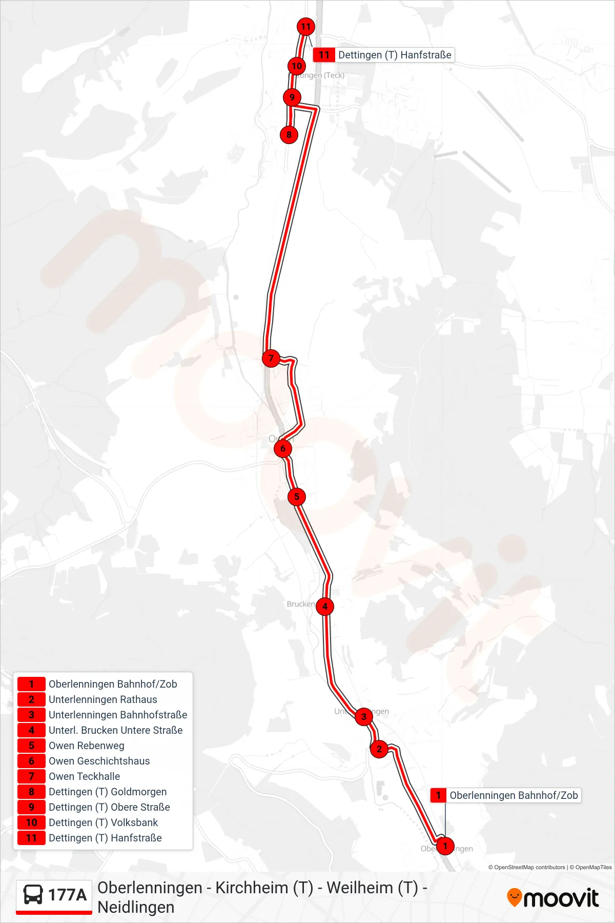 177A bus Line (Dettingen (T) Hanfstraße) route and stops on a map
