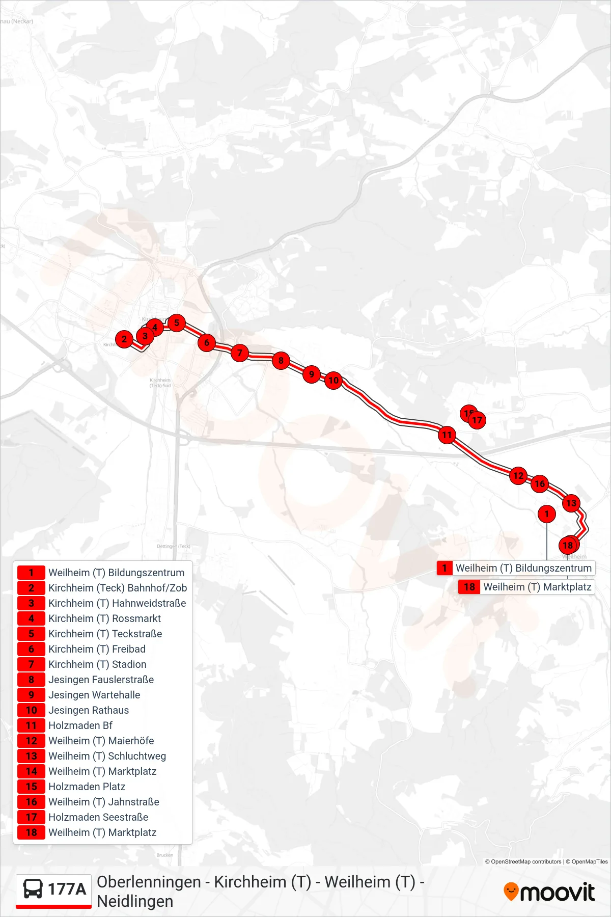 177A bus Line (Weilheim (T) Marktplatz) route and stops on a map