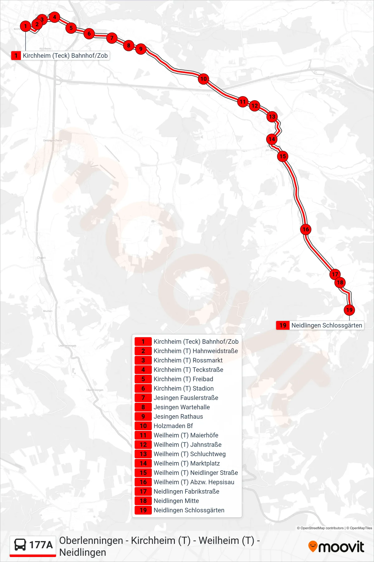 177A bus Line (Neidlingen Schlossgärten) route and stops on a map