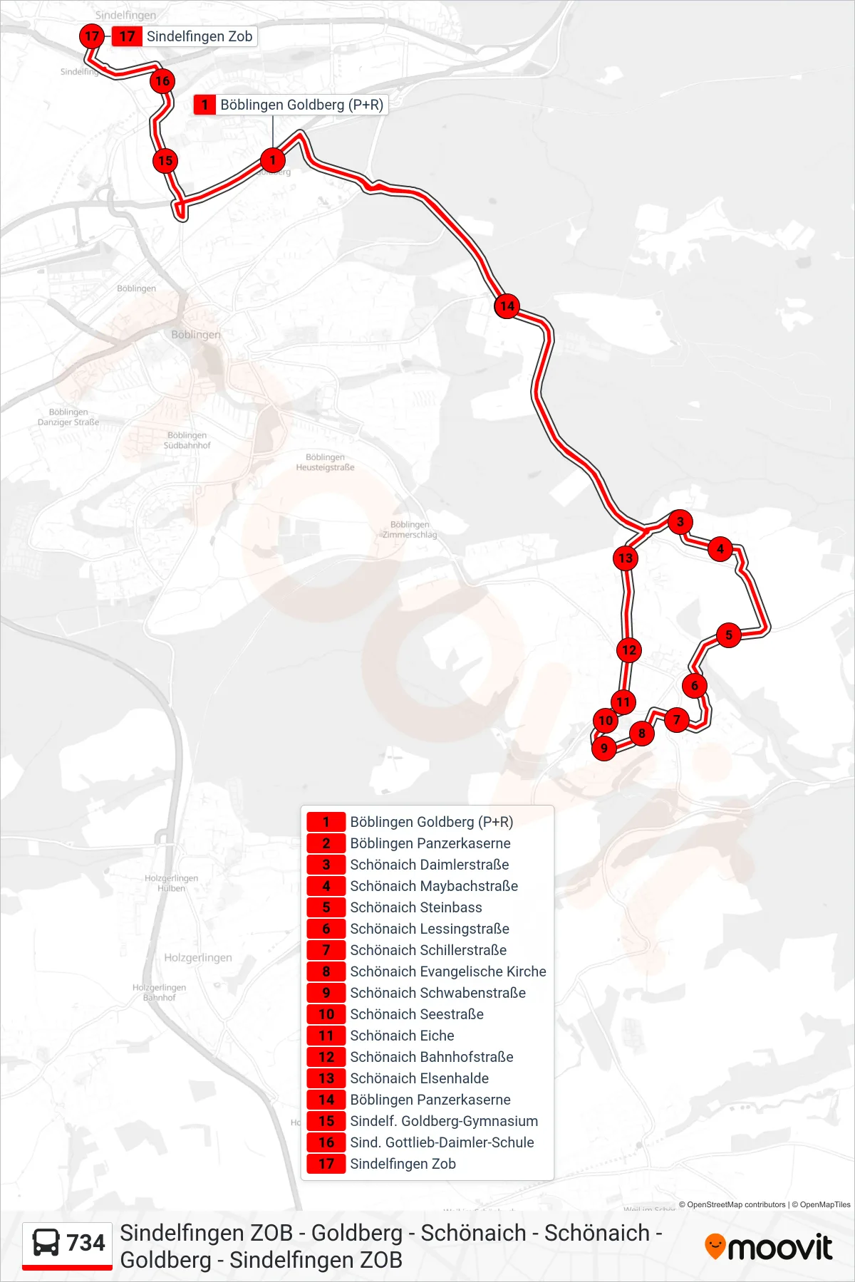 Linie 734 (Bus) Richtung Sindelfingen Zob: Route und Haltestellen auf der Karte