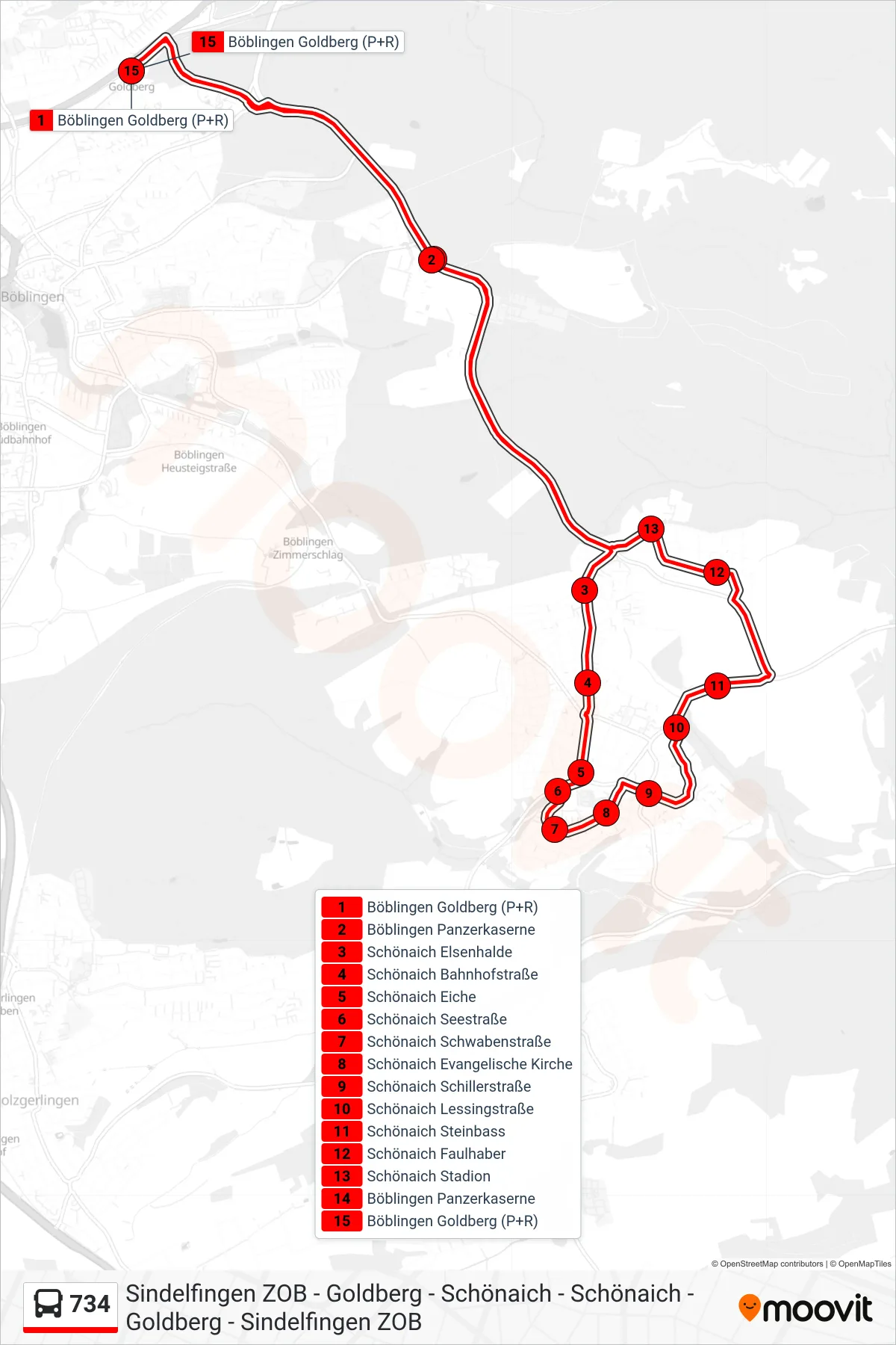 734 bus Line (Böblingen Goldberg (P+R)) route and stops on a map