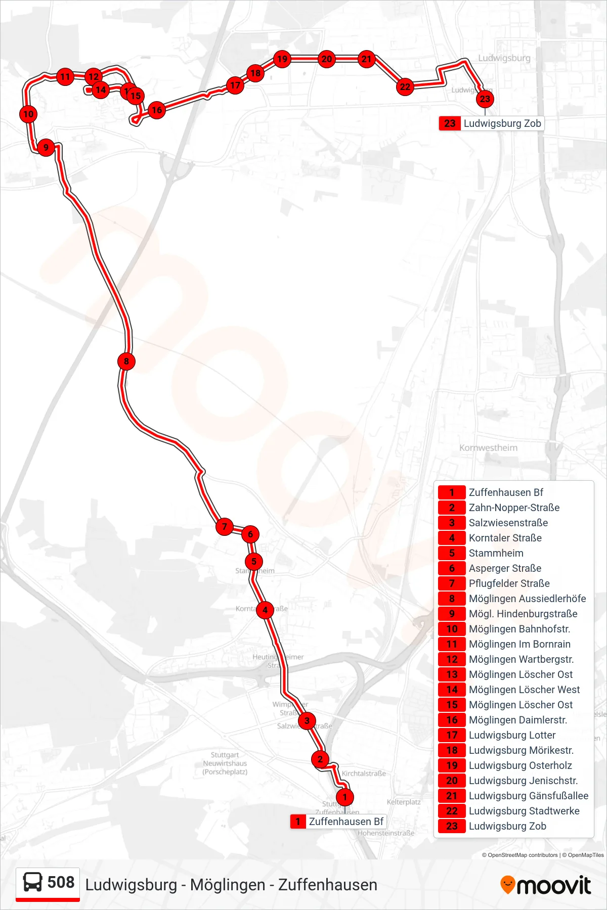 508 bus Line (Ludwigsburg Zob) route and stops on a map