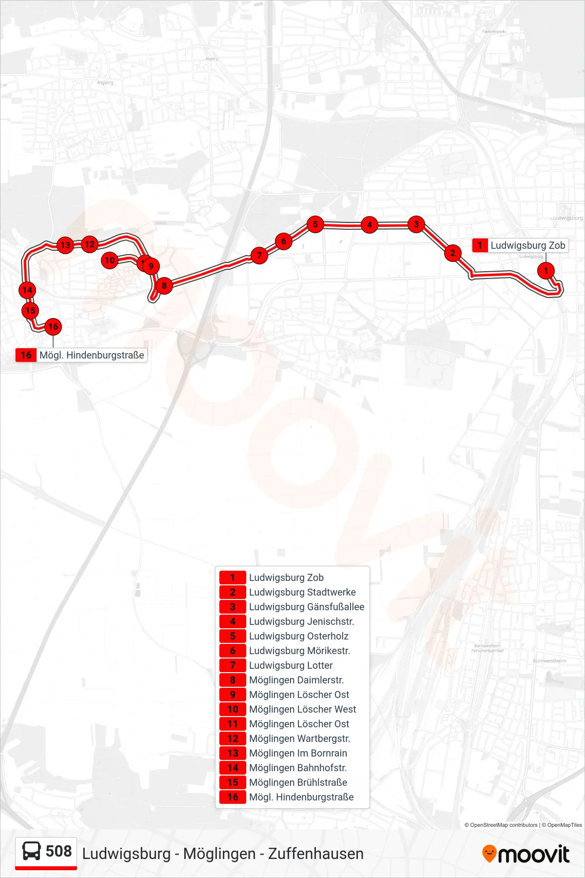 508 bus Line (Mögl. Hindenburgstraße) route and stops on a map