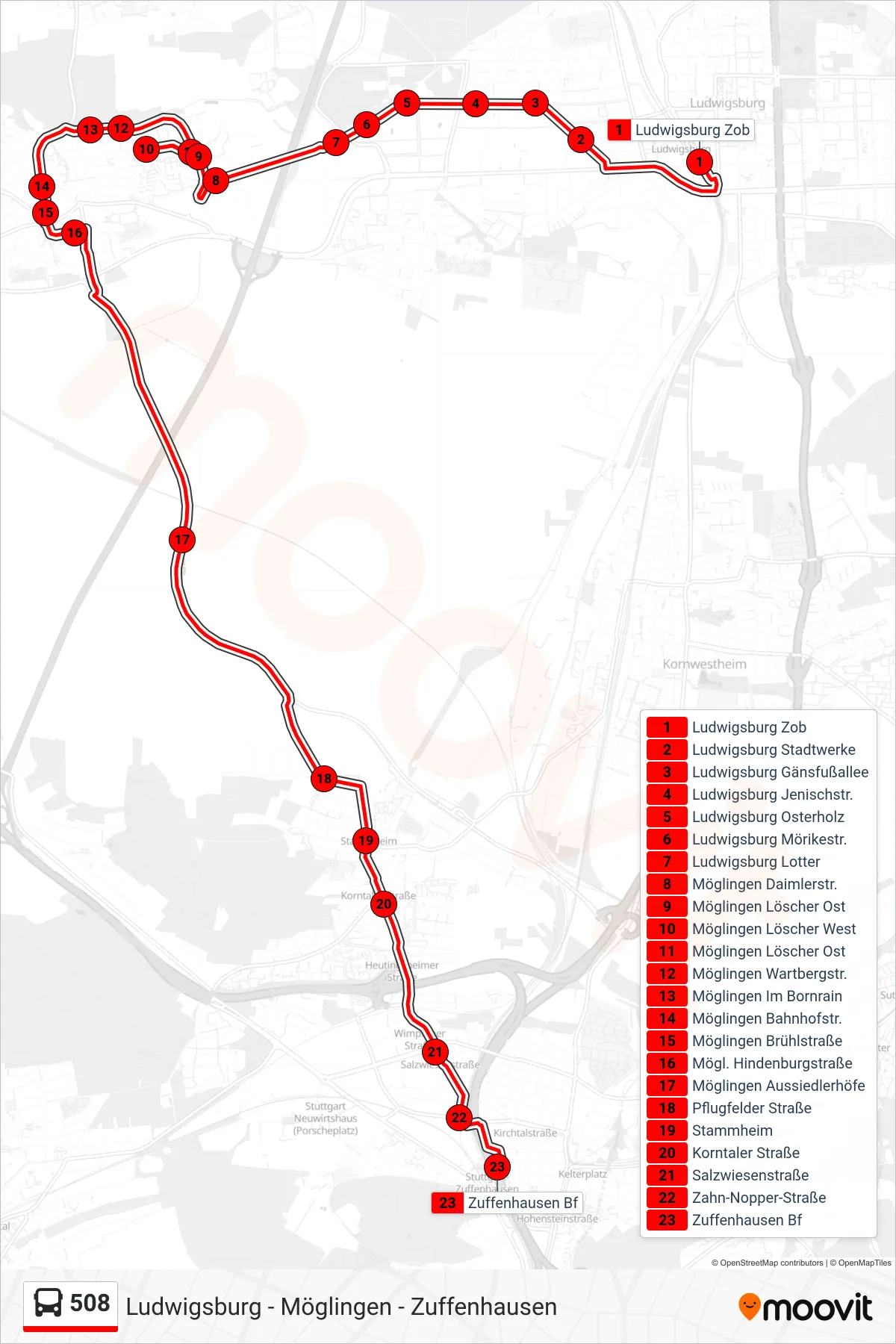 Linie 508 (Bus) Richtung Zuffenhausen Bf: Route und Haltestellen auf der Karte