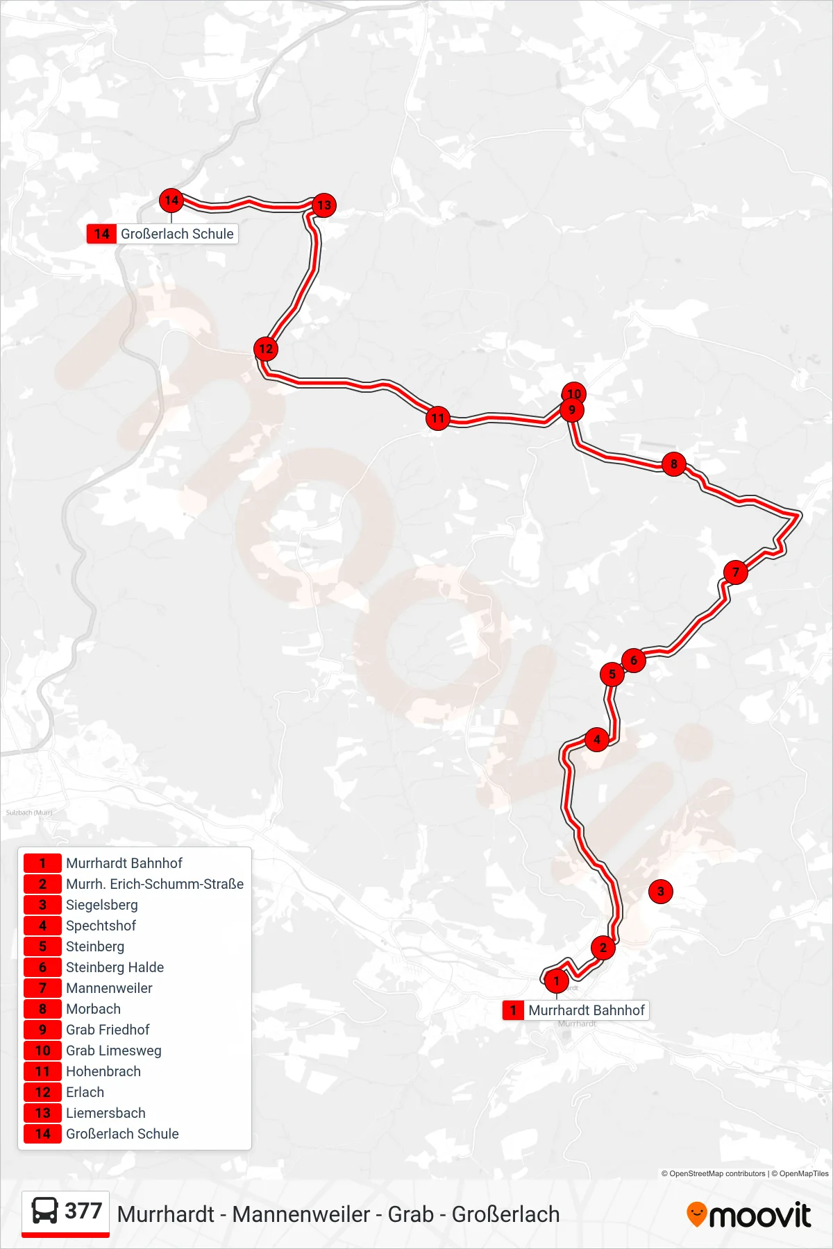377 bus Line (Großerlach Schule) route and stops on a map