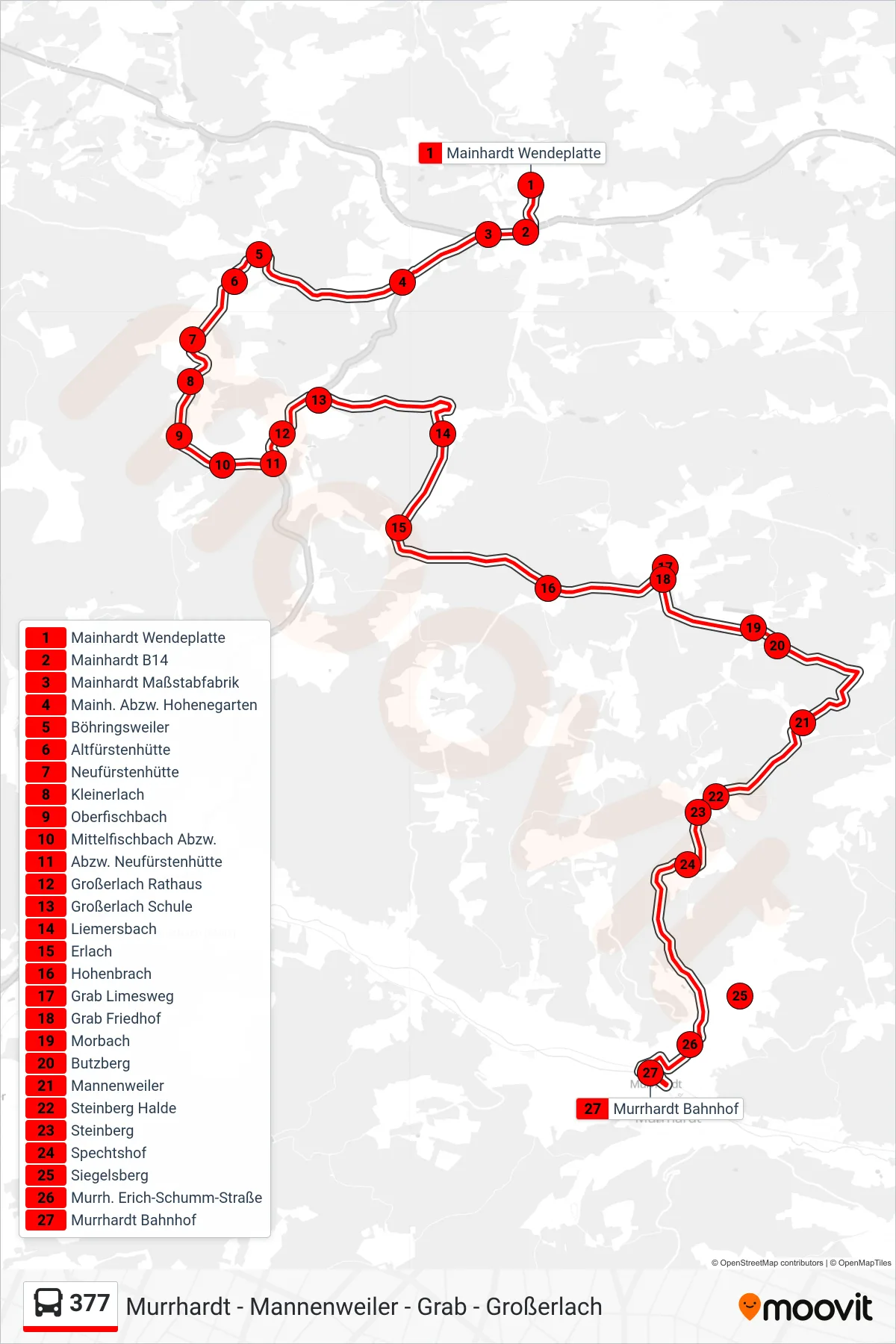 377 bus Line (Murrhardt Bf) route and stops on a map