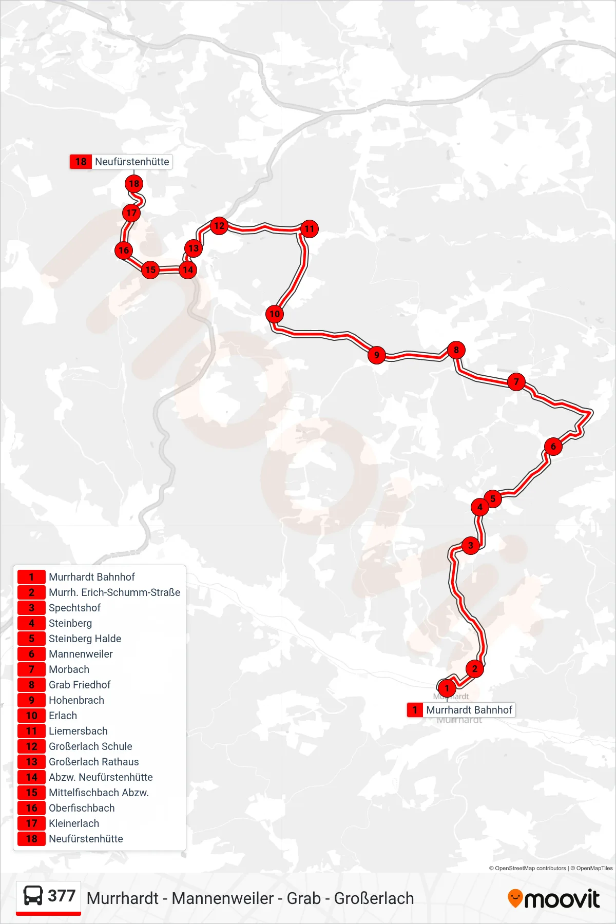 377 bus Line (Neufürstenhütte) route and stops on a map