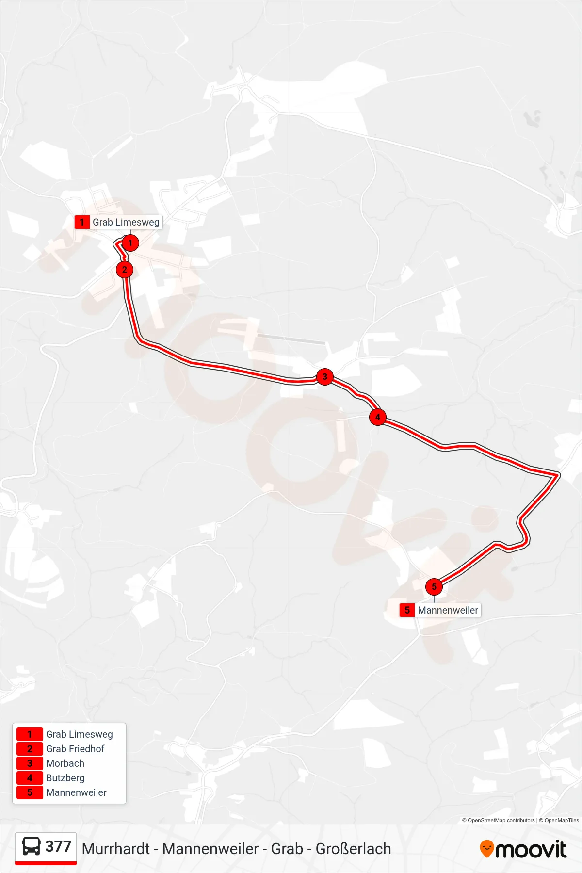 377 bus Line (Mannenweiler) route and stops on a map