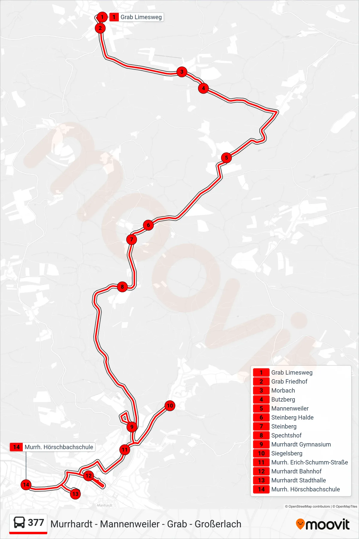 377 bus Line (Murrh. Hörschbachschule) route and stops on a map