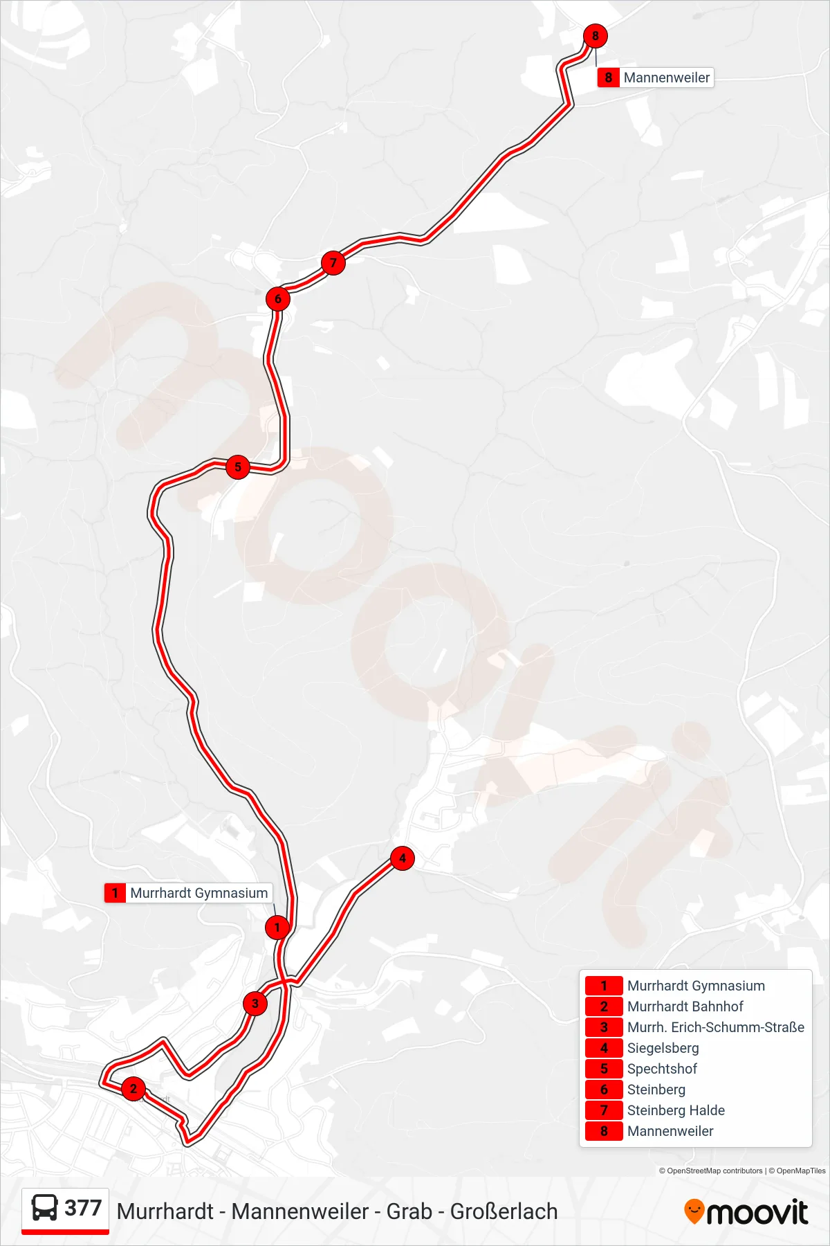 377 bus Line (Mannenweiler) route and stops on a map