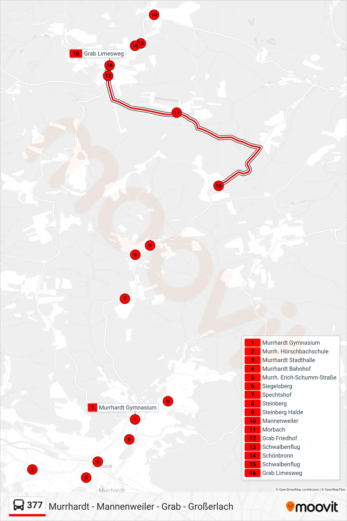 377 bus Line (Grab Limesweg) route and stops on a map
