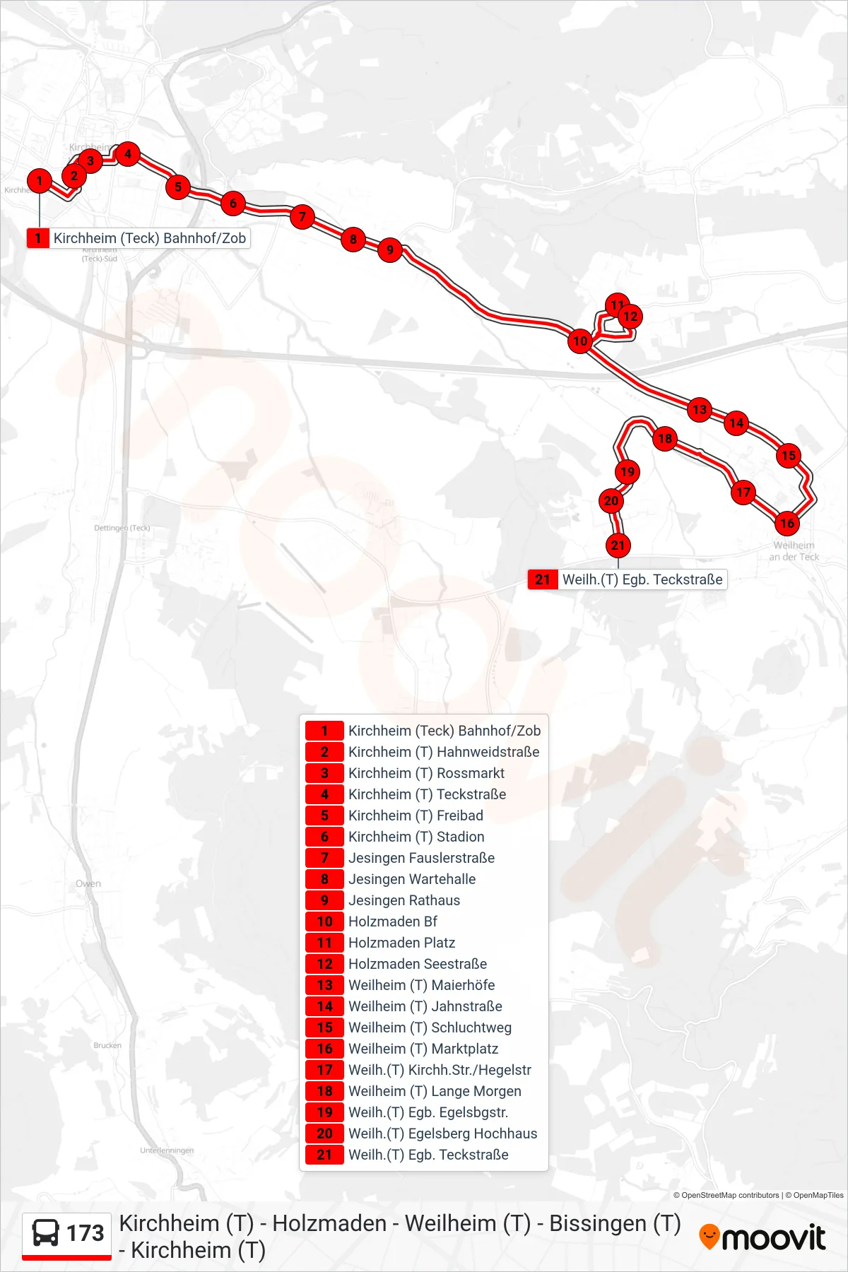 Linie 173 (Bus) Richtung Weilh.(T) Egb. Teckstraße: Route und Haltestellen auf der Karte