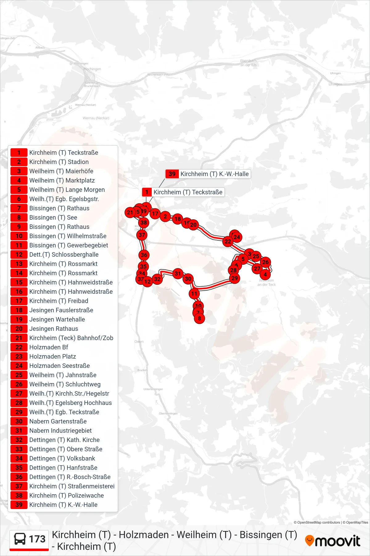 173 bus Line (Kirchheim (T) Bahnhof/Zob) route and stops on a map