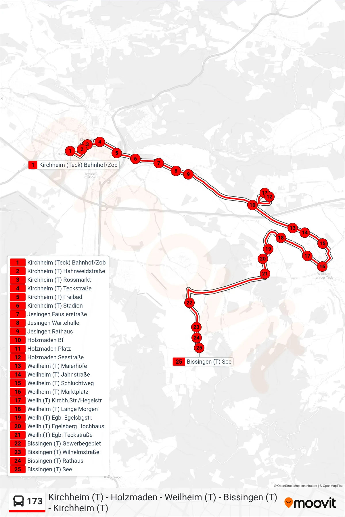 173 bus Line (Bissingen (T) See) route and stops on a map