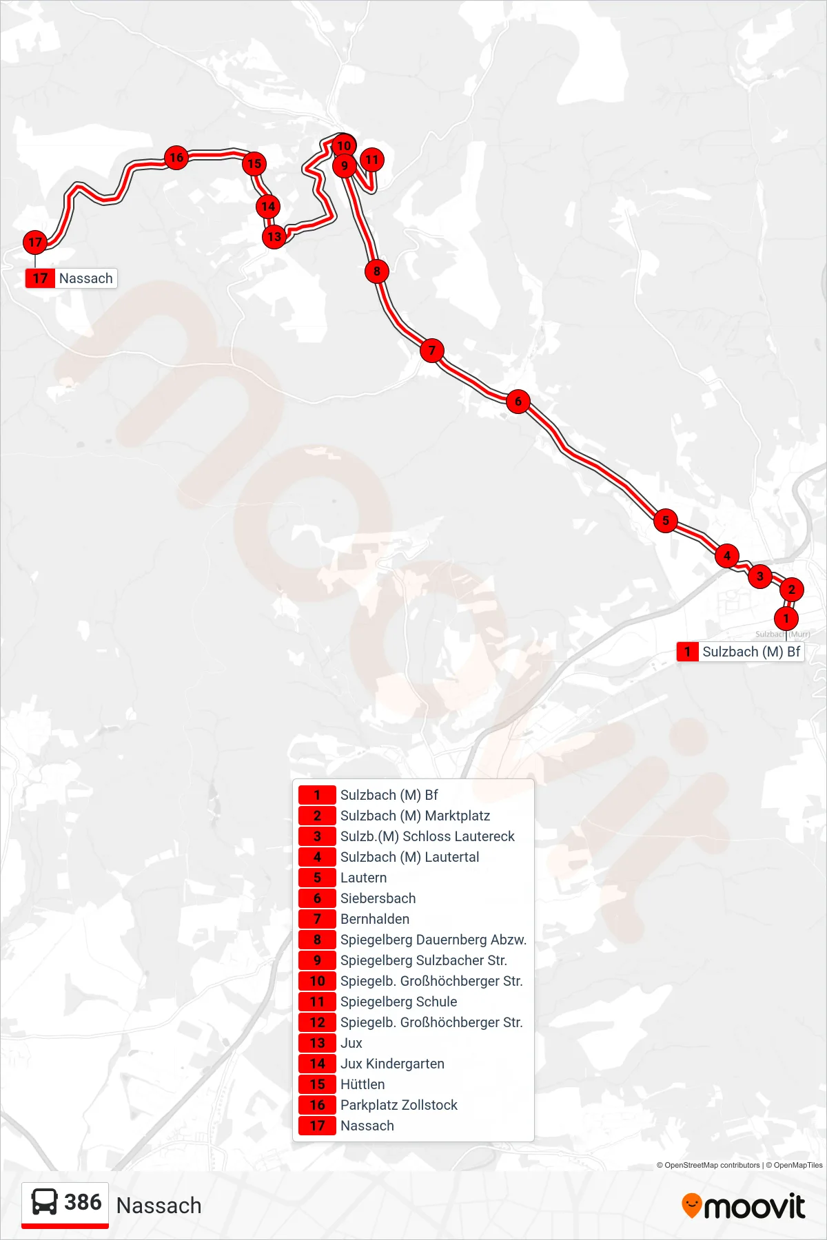 386 bus Line (Nassach) route and stops on a map