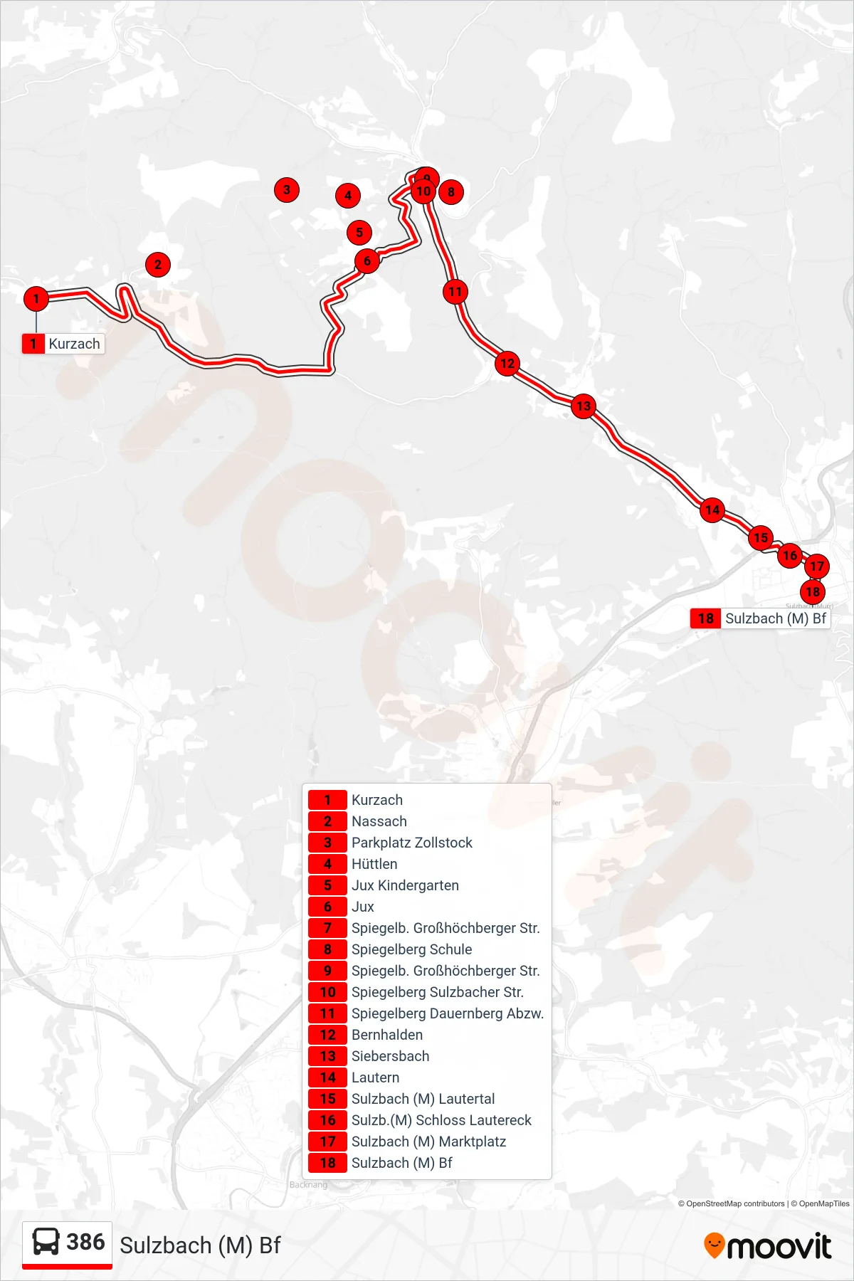 386 bus Line (Sulzbach (M) Bf) route and stops on a map