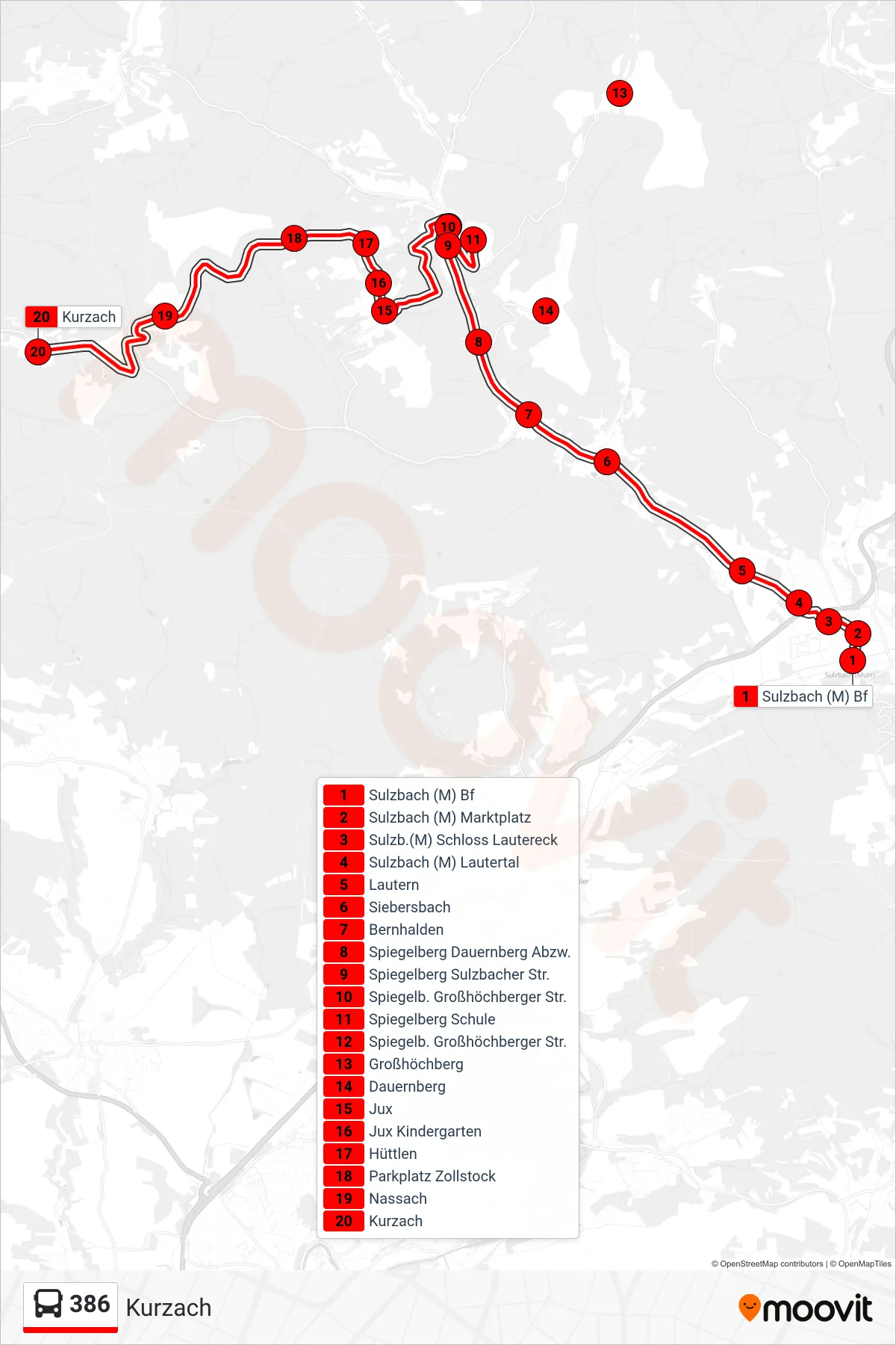386 bus Line (Kurzach) route and stops on a map