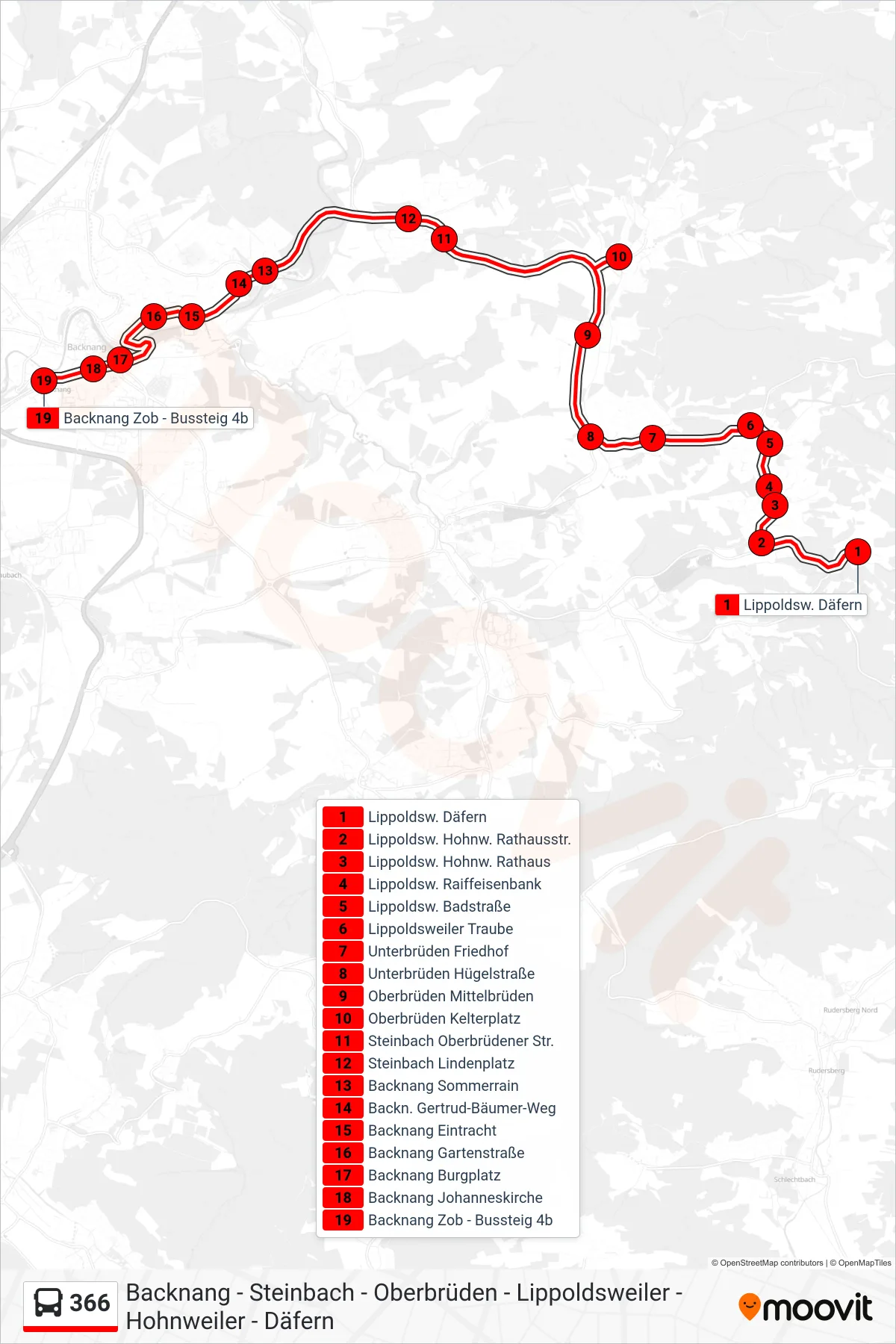366 bus Line (Backnang Zob) route and stops on a map