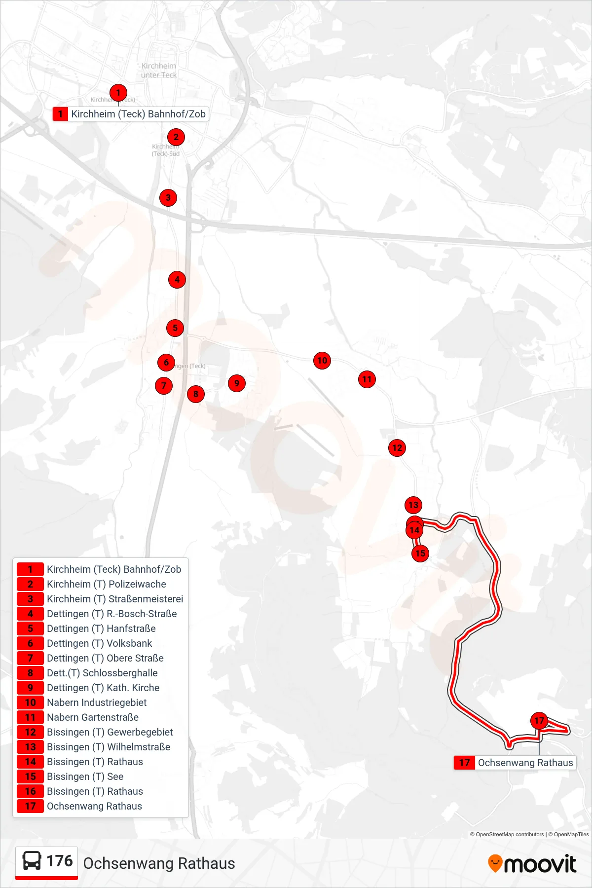 176 bus Line (Ochsenwang Rathaus) route and stops on a map