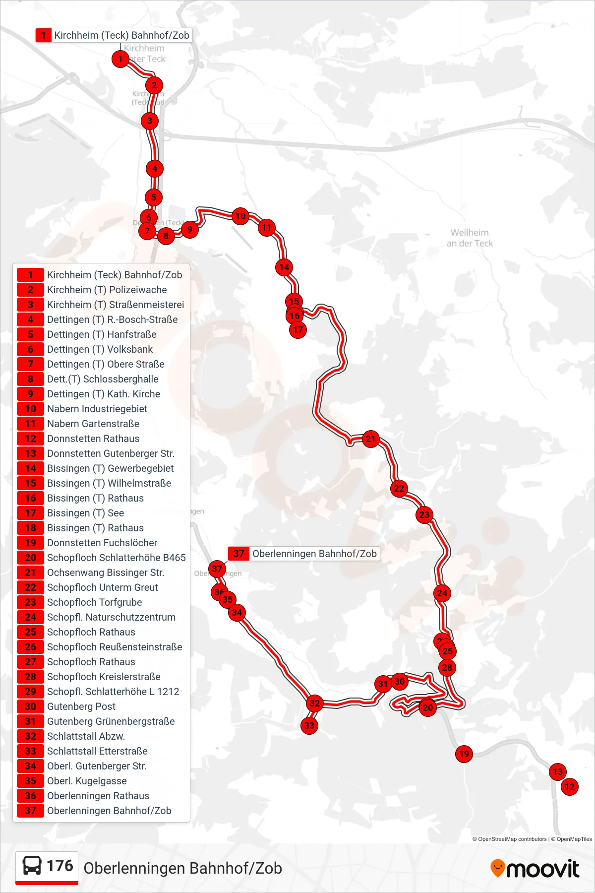 176 bus Line (Oberlenningen Bahnhof/Zob) route and stops on a map