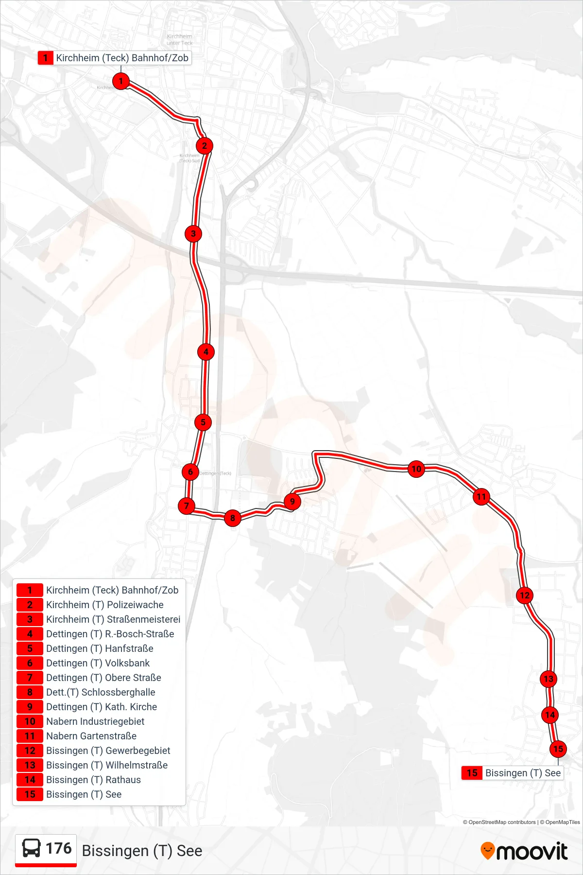 176 bus Line (Bissingen (T) See) route and stops on a map