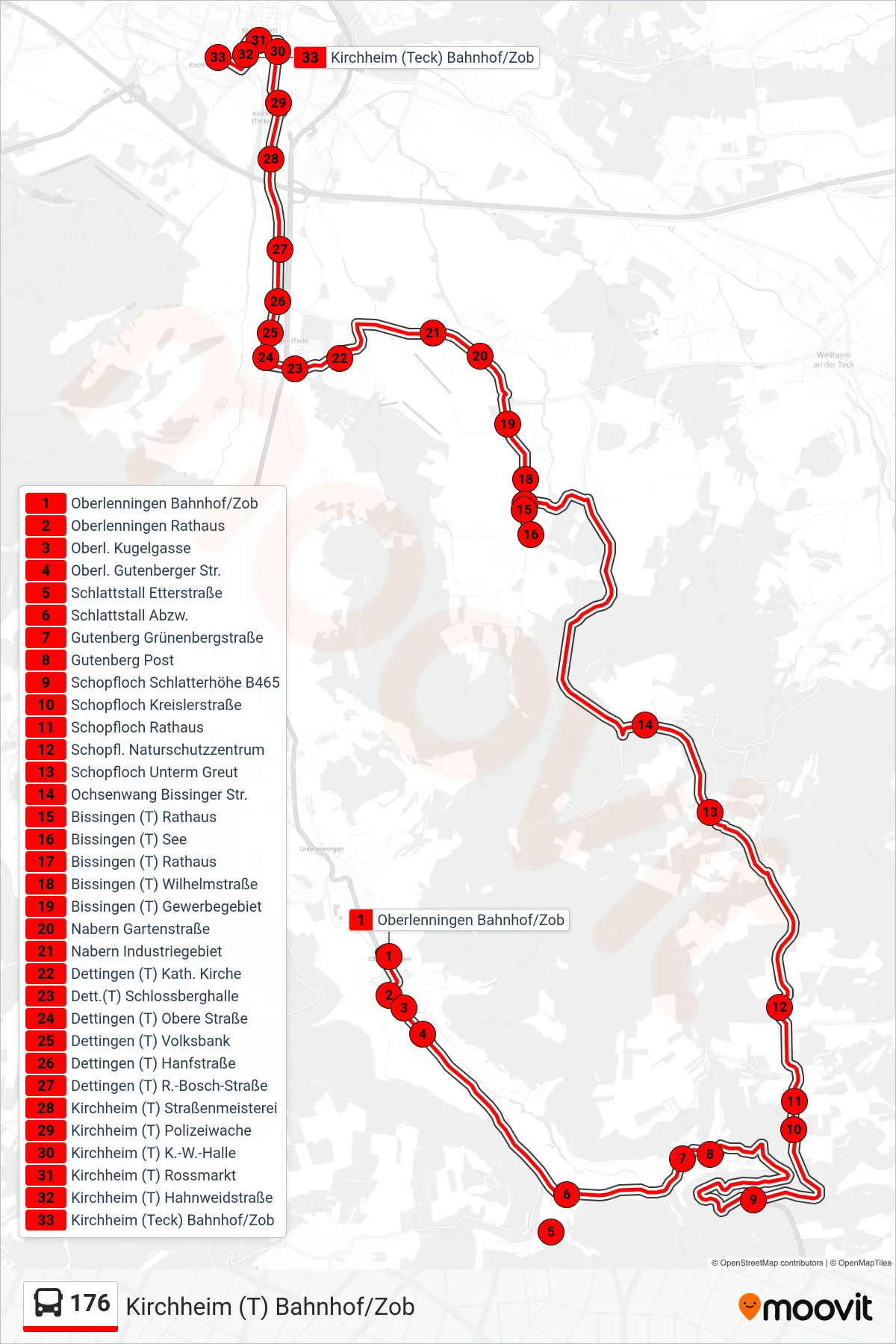 176 bus Line (Kirchheim (T) Bahnhof/Zob) route and stops on a map