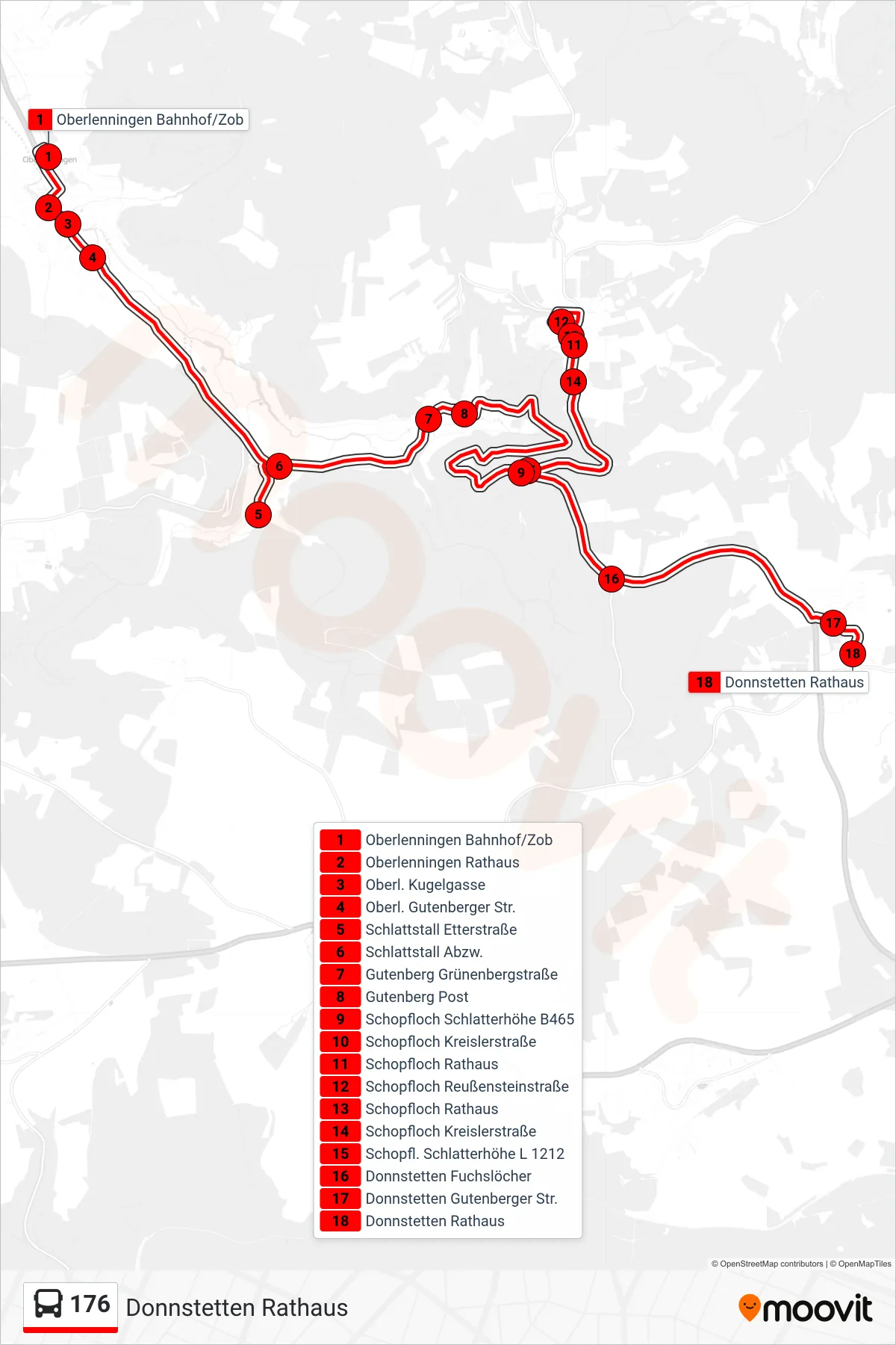 Linie 176 (Bus) Richtung Donnstetten Rathaus: Route und Haltestellen auf der Karte