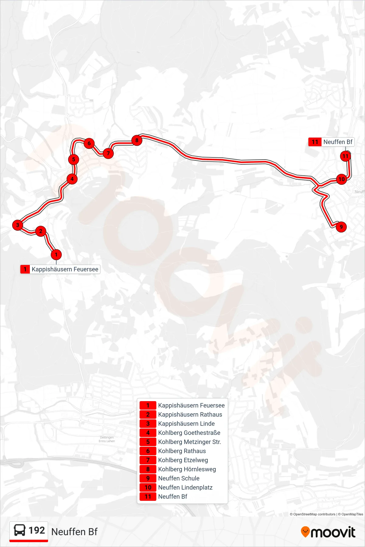 Linie 192 (Bus) Richtung Neuffen Bf: Route und Haltestellen auf der Karte
