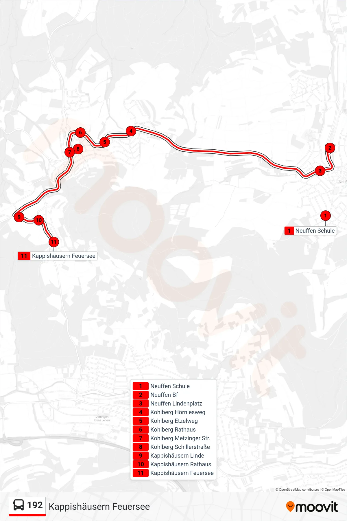 192 bus Line (Kappishäusern Feuersee) route and stops on a map