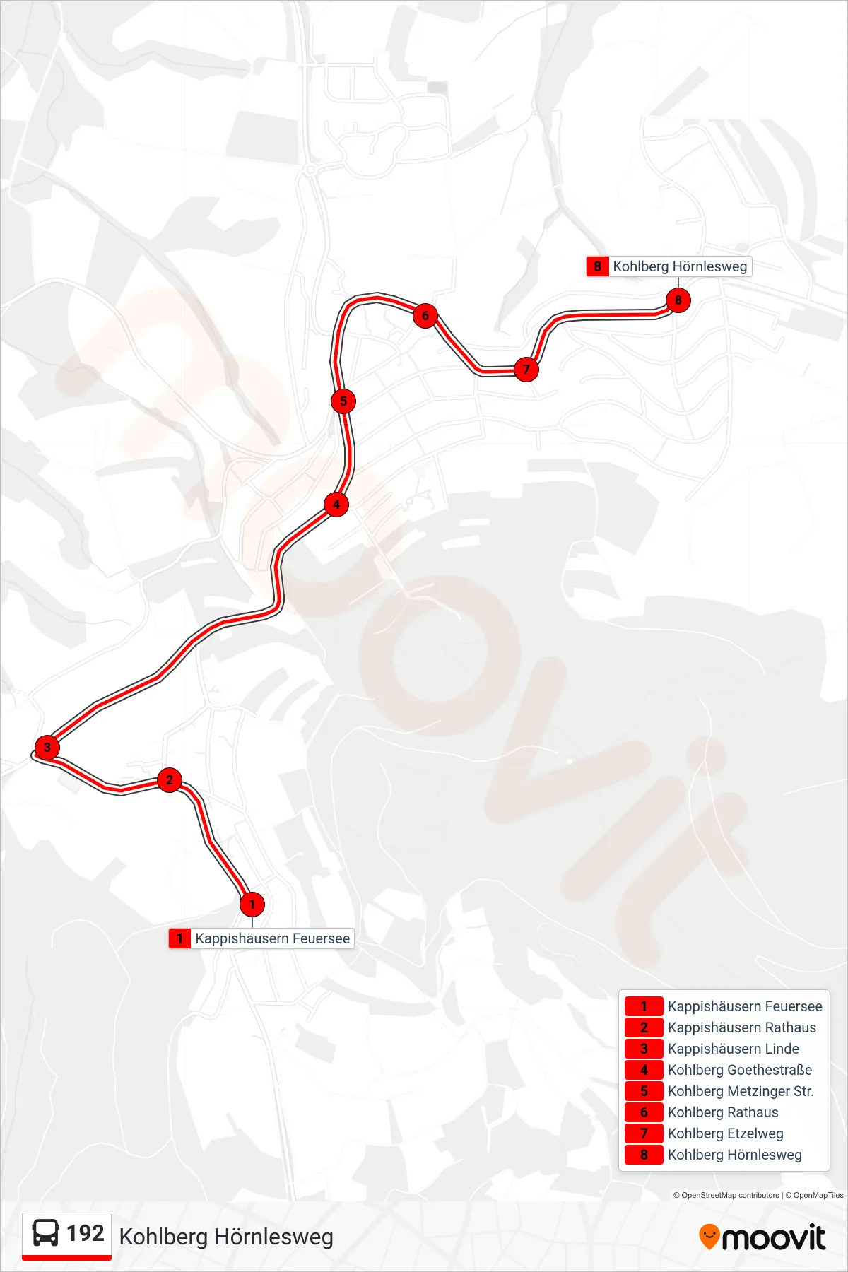 192 bus Line (Kohlberg Hörnlesweg) route and stops on a map