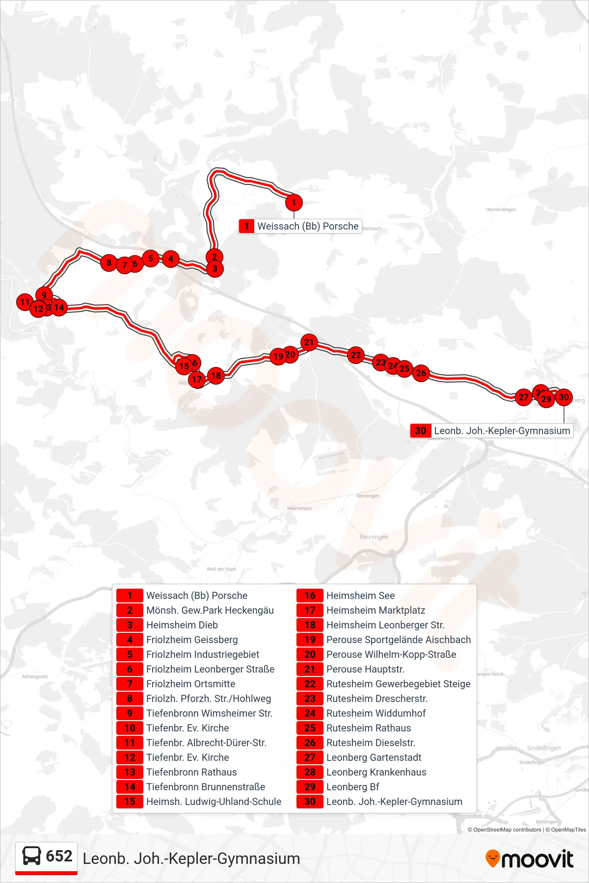 652 bus Line (Leonb. Joh.-Kepler-Gymnasium) route and stops on a map