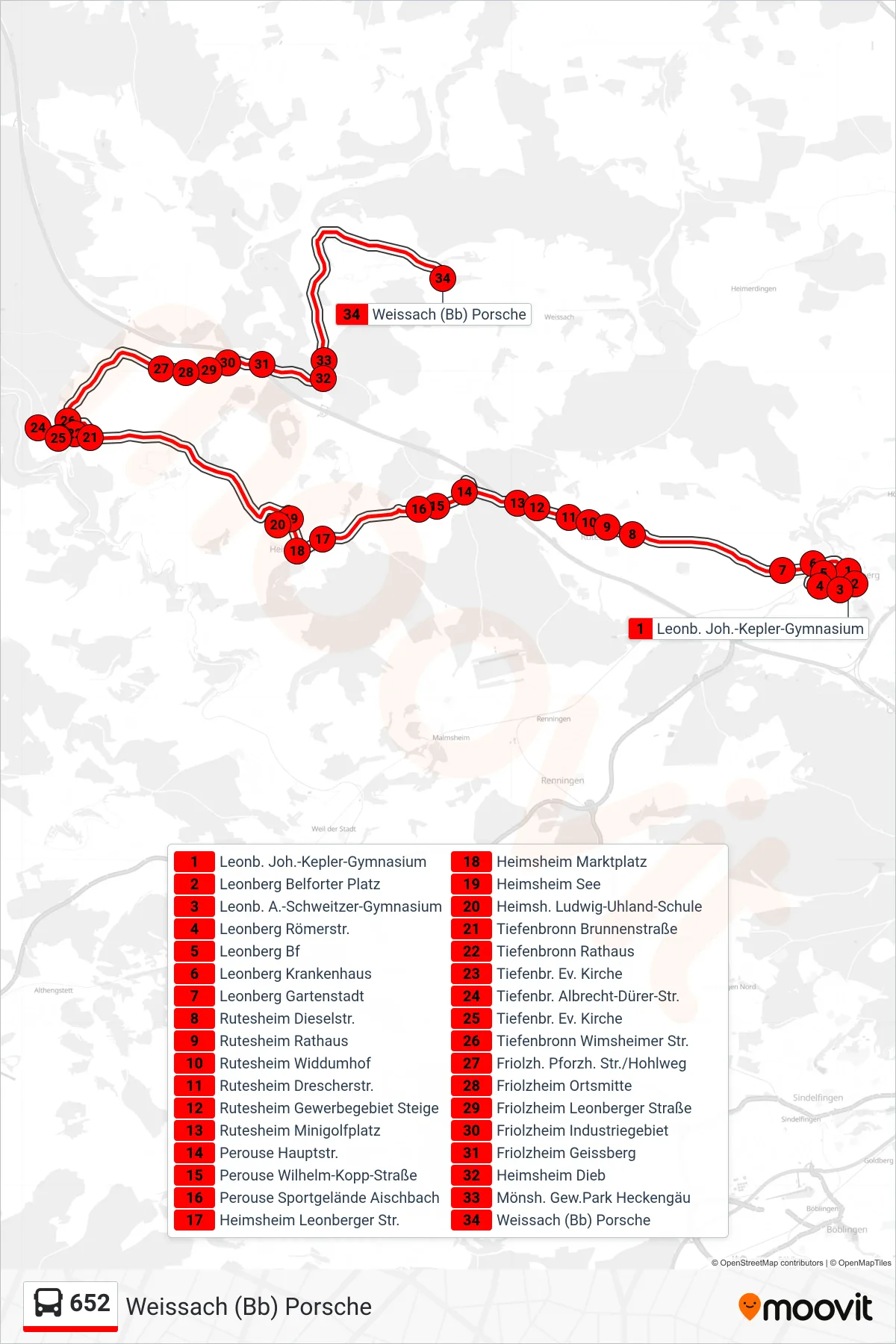 Linie 652 (Bus) Richtung Weissach (Bb) Porsche: Route und Haltestellen auf der Karte