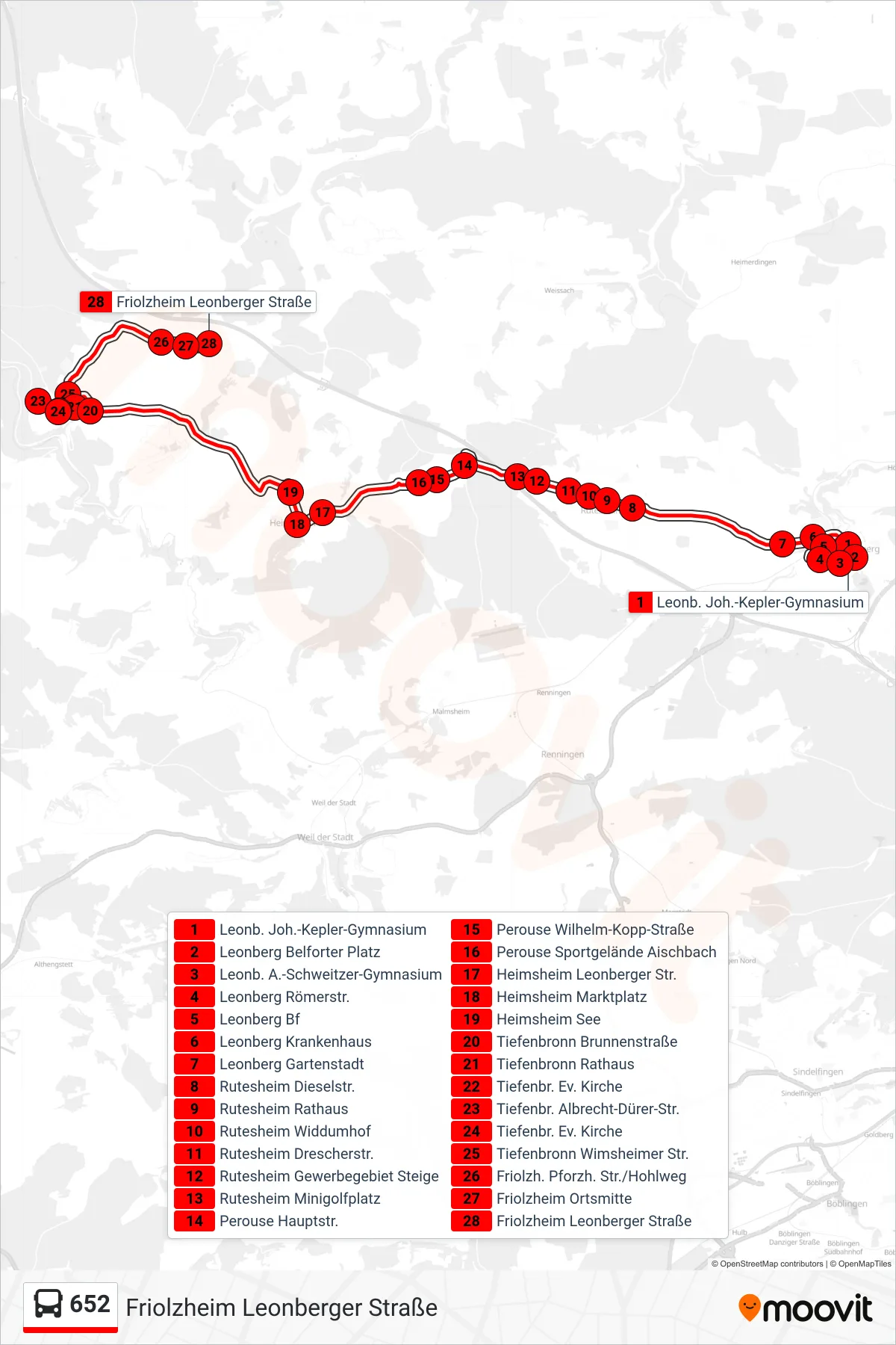 652 bus Line (Friolzheim Leonberger Straße) route and stops on a map