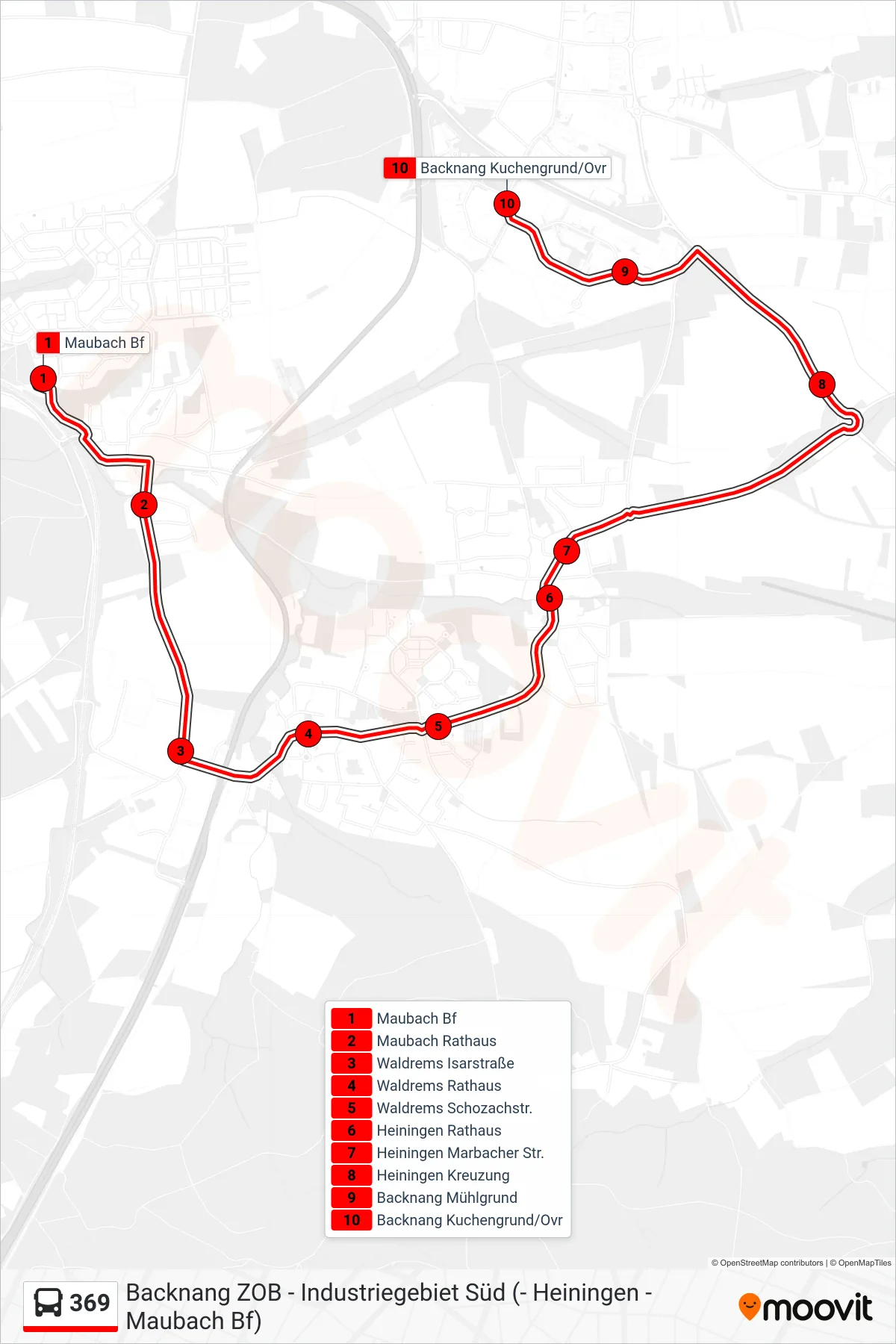 Linie 369 (Bus) Richtung Backnang Kuchengrund/Ovr: Route und Haltestellen auf der Karte