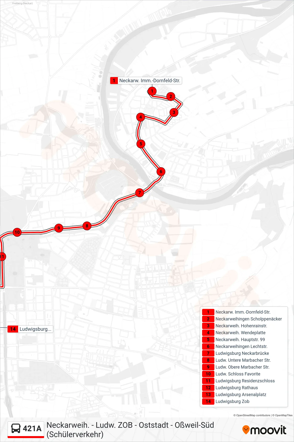 421A bus Line (Ludwigsburg Zob) route and stops on a map